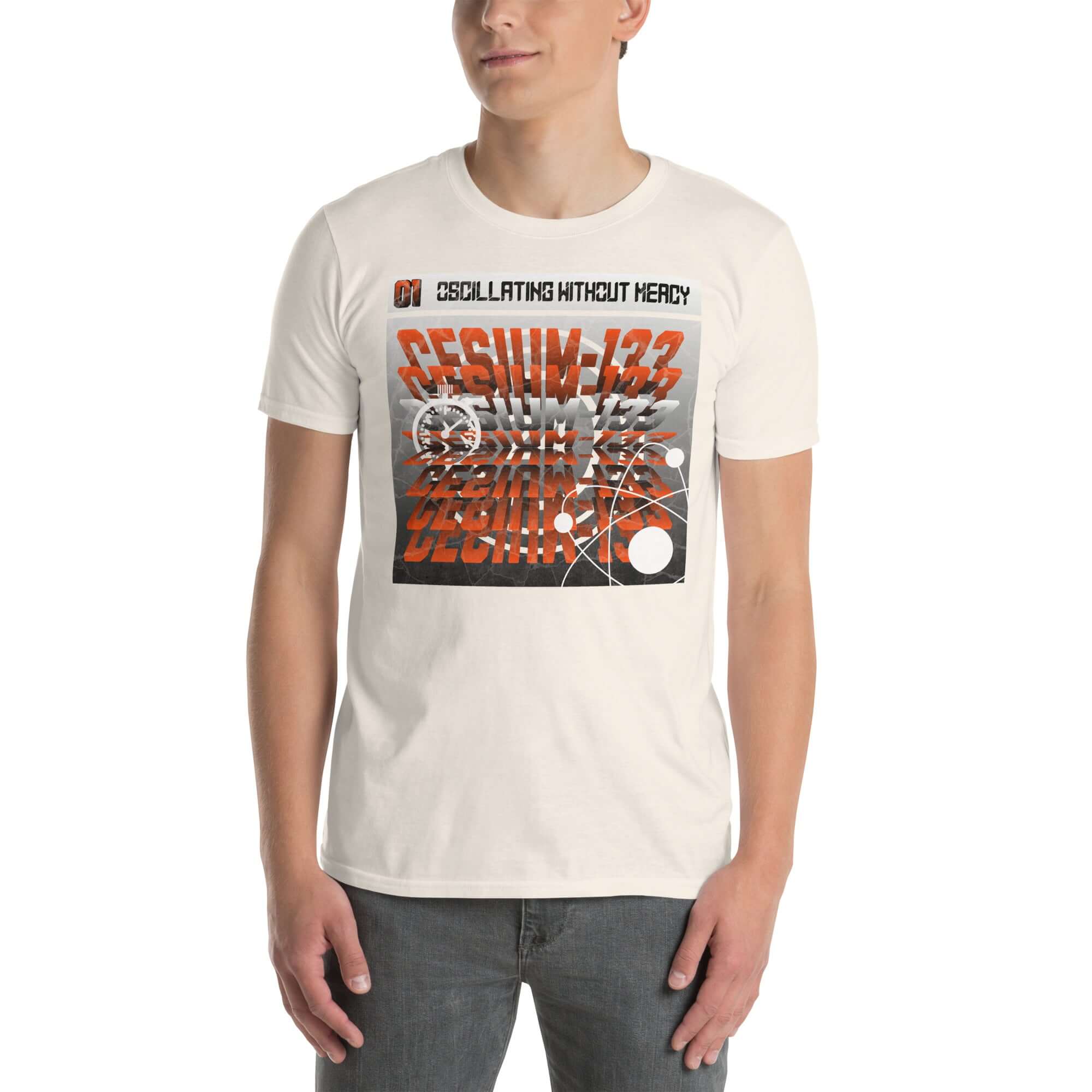 Man wearing Cesium-133 Oscillation T-Shirt with atomic clock design, showcasing industrial-minimalist style and precise typography.