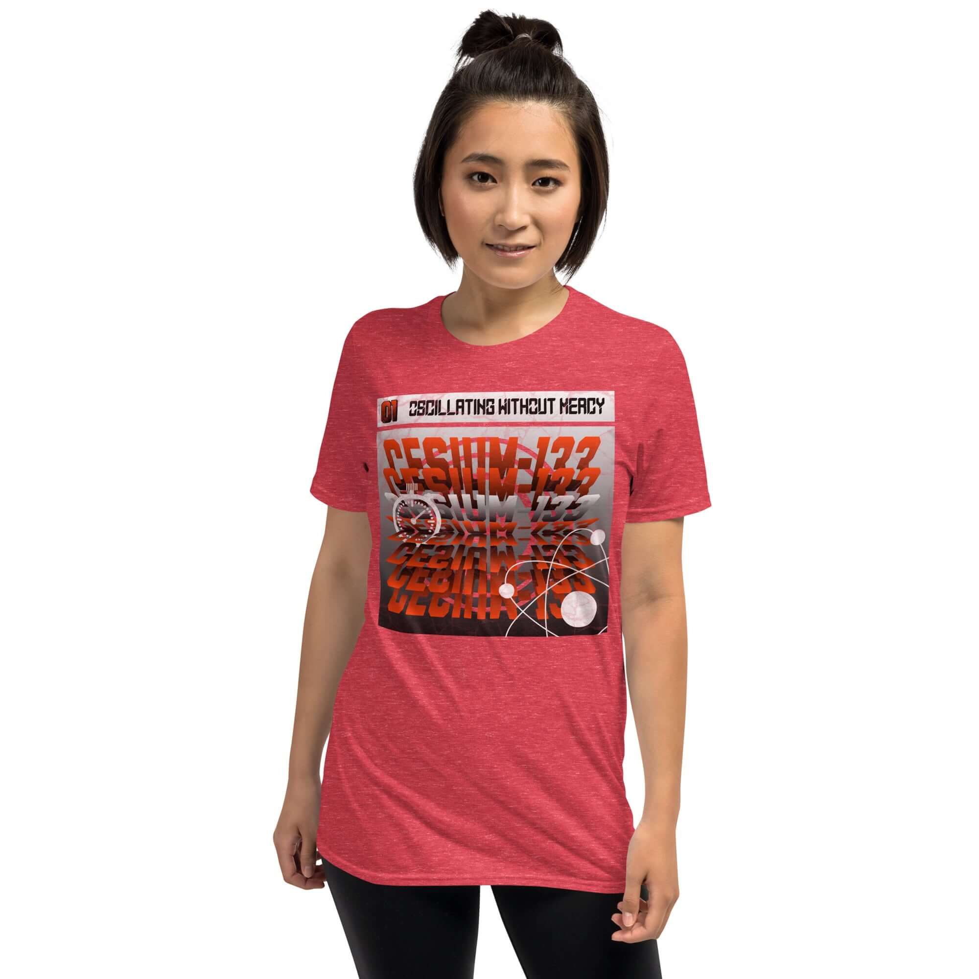 Woman wearing red Cesium-133 Oscillation T-Shirt with atomic clock design and industrial typography.