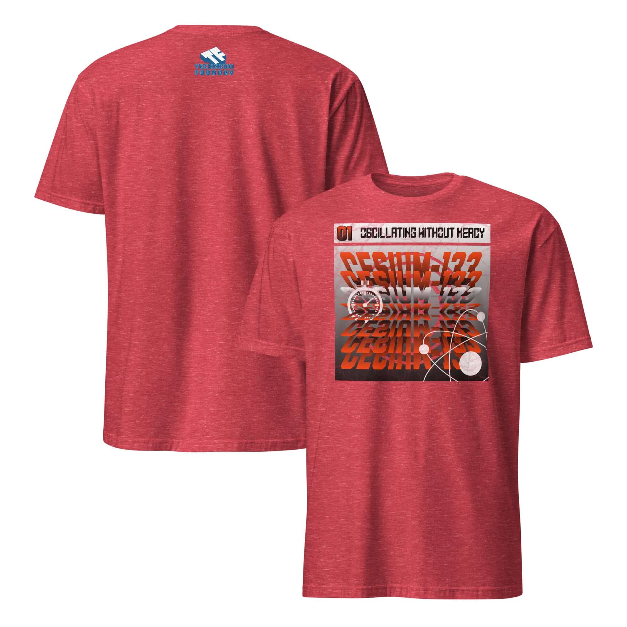 Cesium-133 Oscillation T-Shirt with atomic clock design in red, showcasing industrial-minimalist typography.