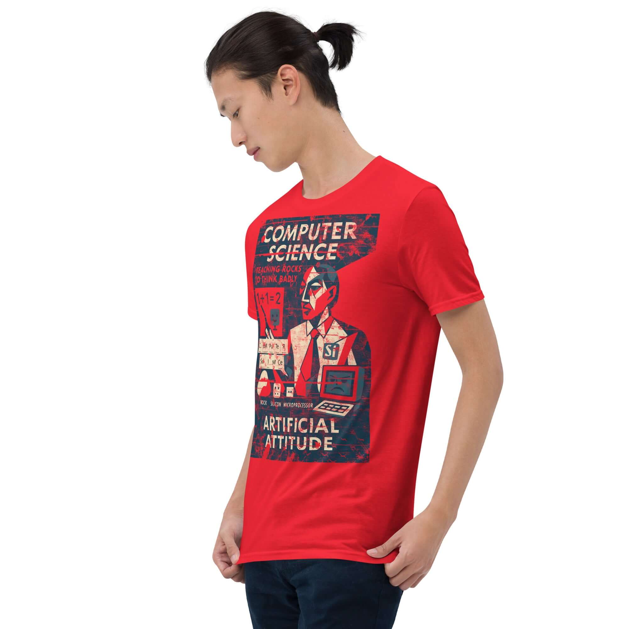 Man wearing red 'Computer Science: Teaching Rocks to Think Badly' vintage t-shirt with educational poster design, highlighting irony in tech.