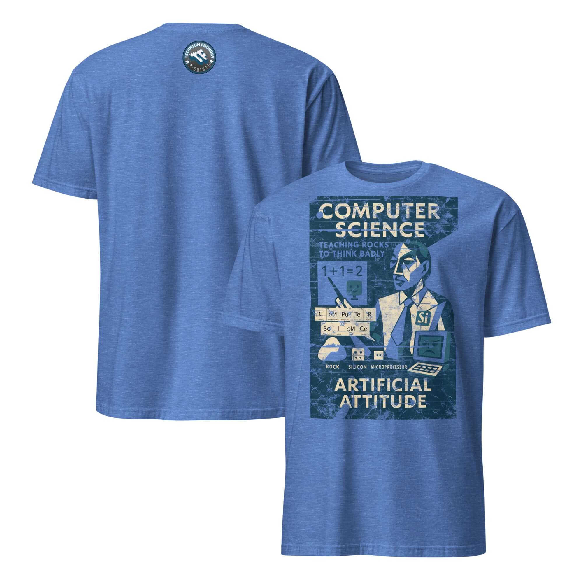 Blue Computer Science T-shirt featuring "Teaching Rocks to Think Badly" vintage classroom design on the back.