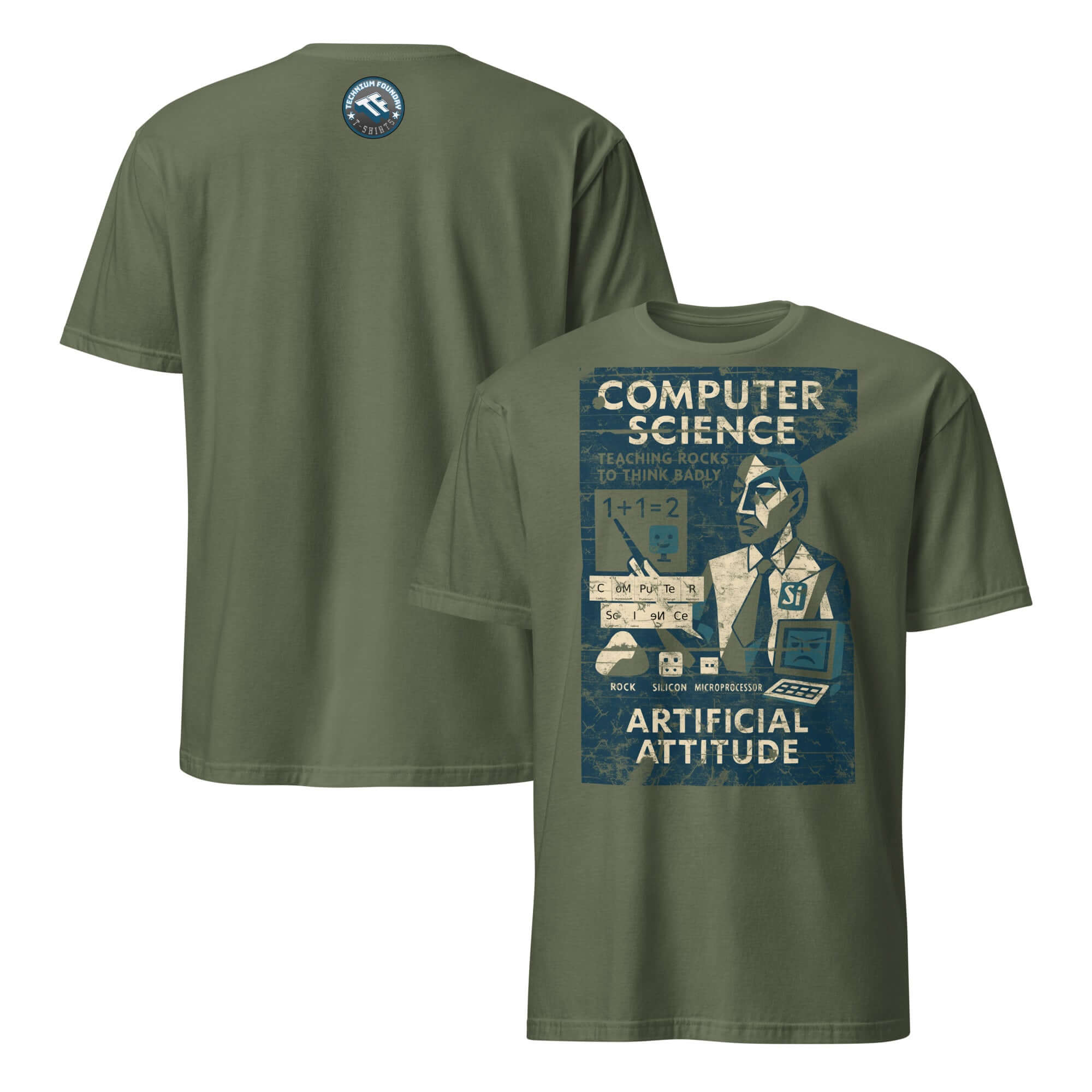 Alt Tag: Computer Science T-Shirt with vintage design, "Teaching Rocks to Think Badly," celebrating educators and technology humor.