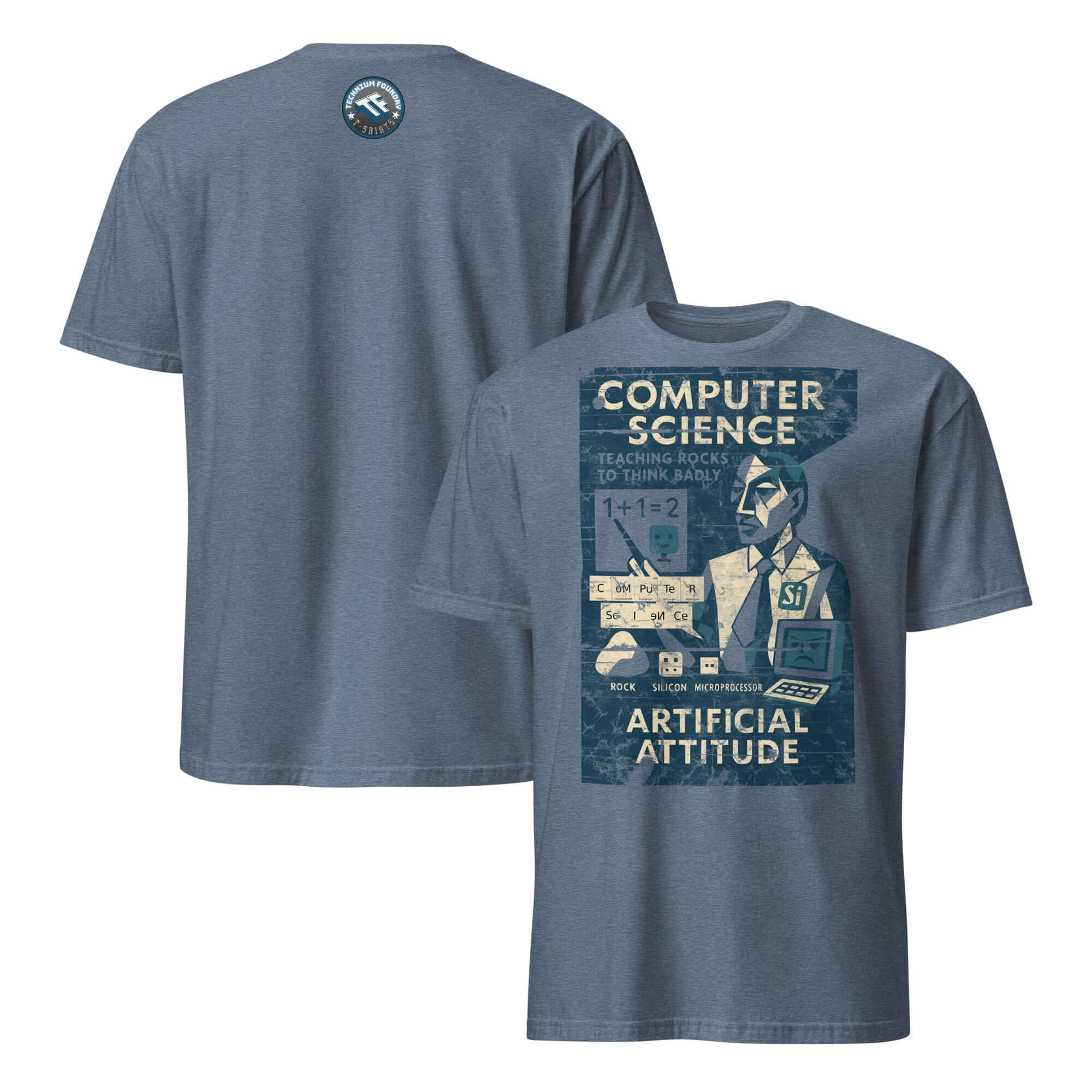Computer Science T-Shirt with vintage design, "Teaching Rocks to Think Badly." Celebrates educators and humorous AI themes.
