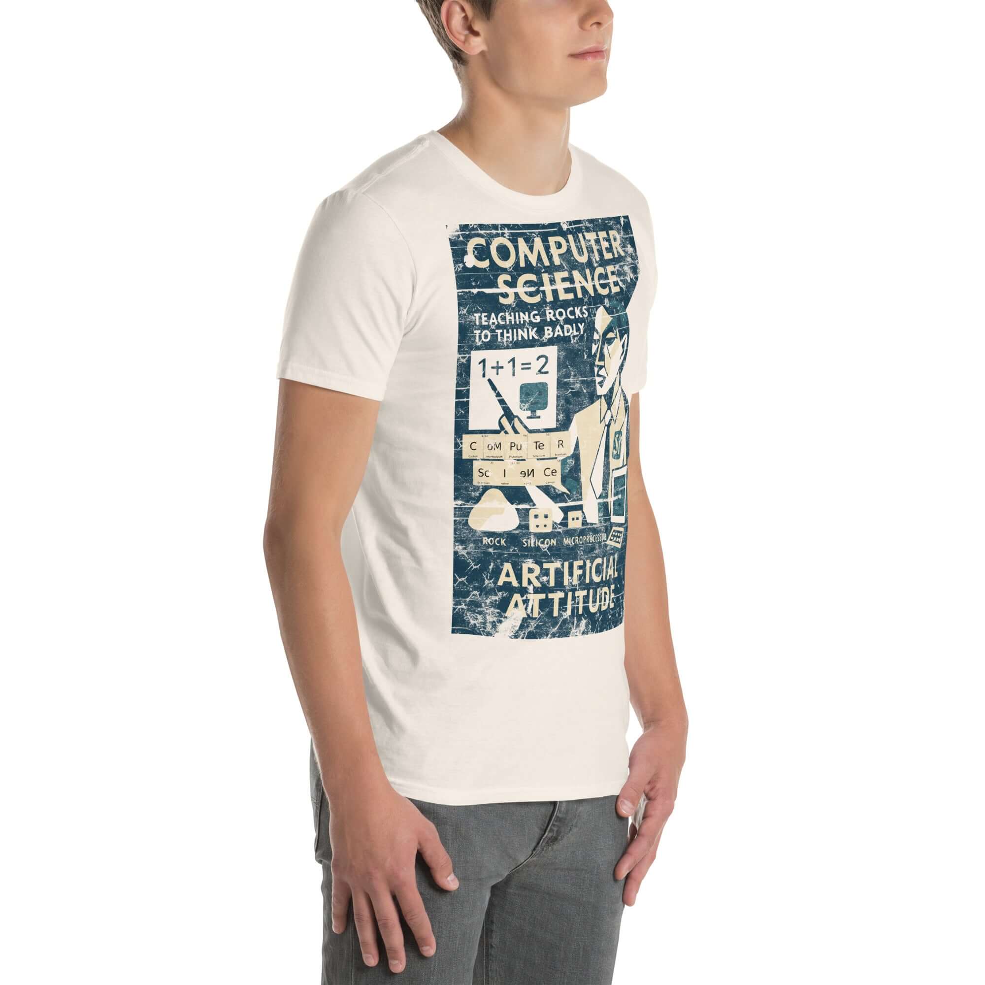 Man wearing Computer Science T-Shirt with Teaching Rocks to Think Badly print, celebrating educators and computer logic humor.