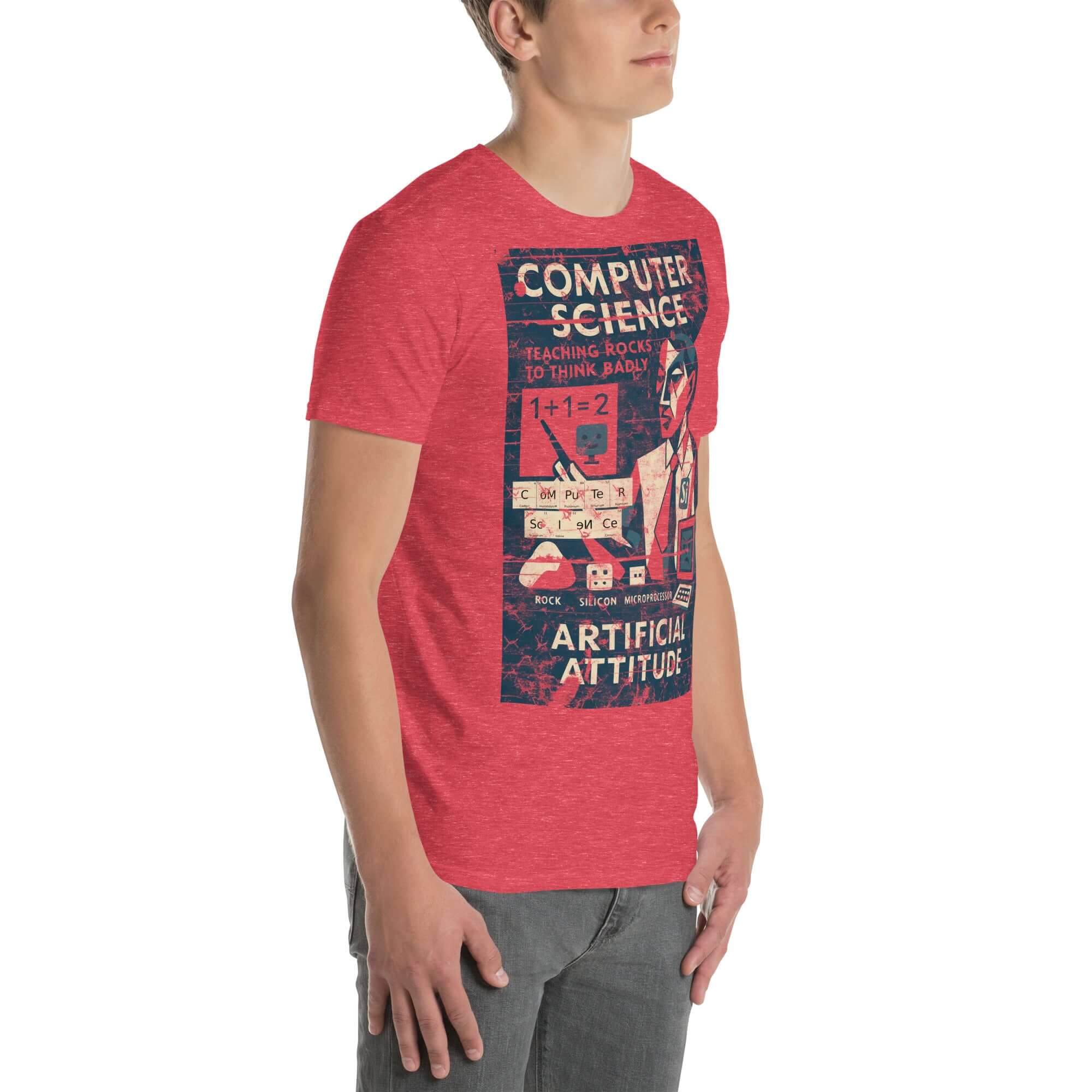 Red Computer Science T-Shirt with vintage "Teaching Rocks to Think Badly" design featuring educational motifs for tech enthusiasts.
