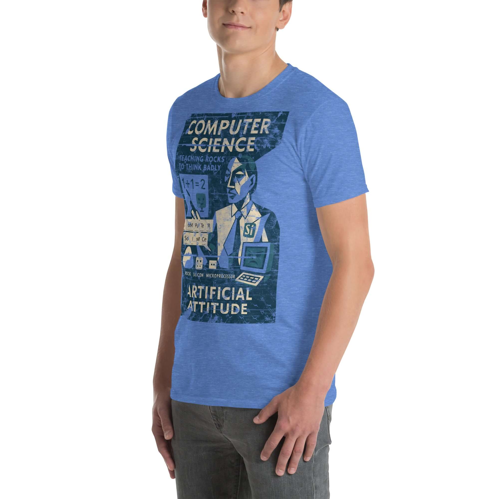 Blue Computer Science T-Shirt featuring vintage "Teaching Rocks to Think Badly" graphic with retro educational design.