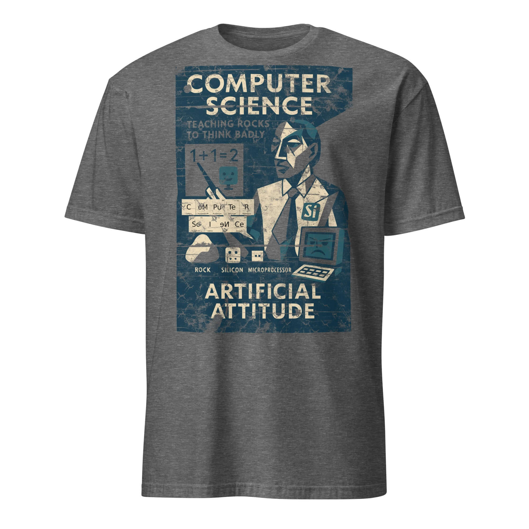 Computer Science T-Shirt with vintage classroom design teaching rocks logical thinking, humorous educational theme.