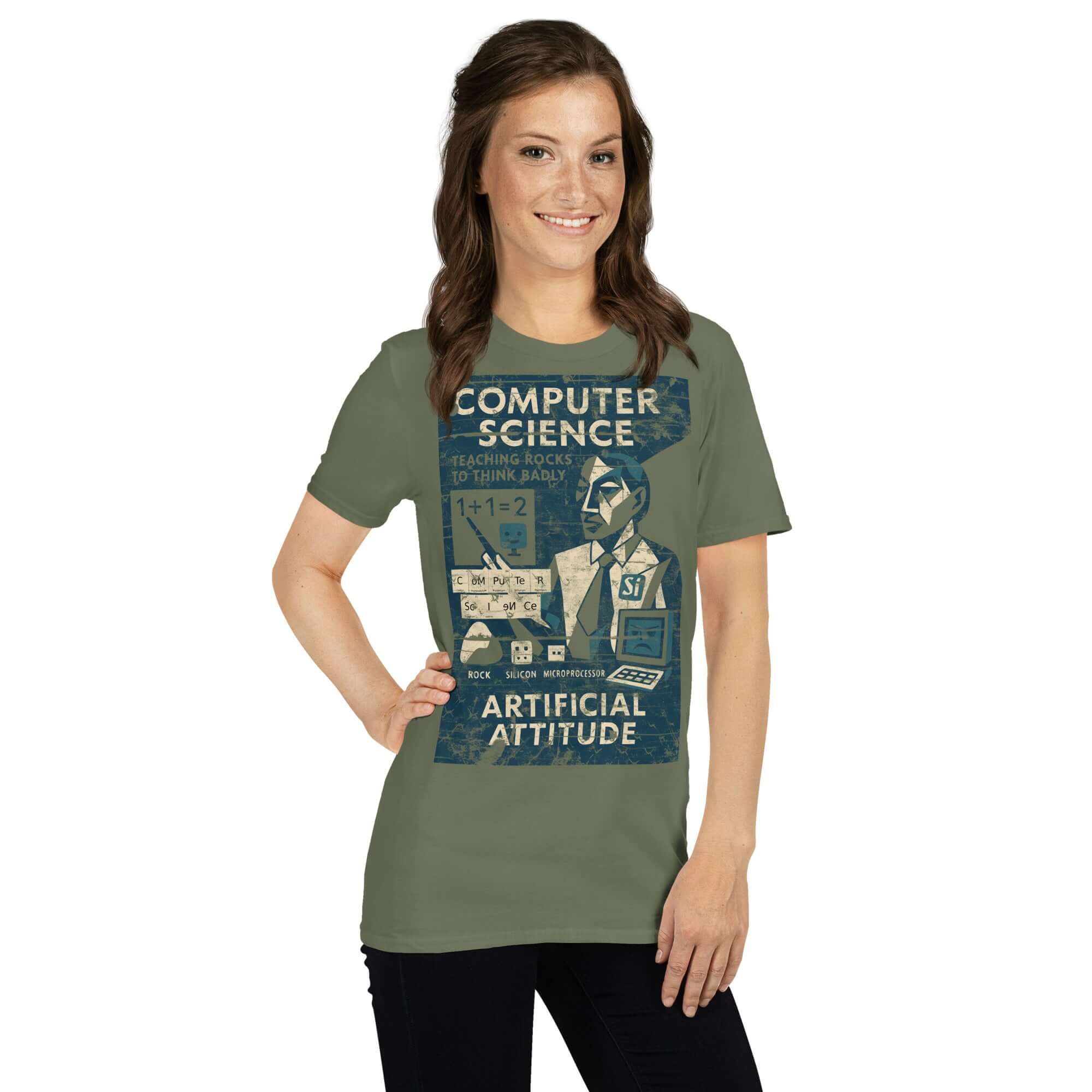 Woman wearing Computer Science T-shirt with 'Teaching Rocks to Think Badly' design, celebrating educators' humor.