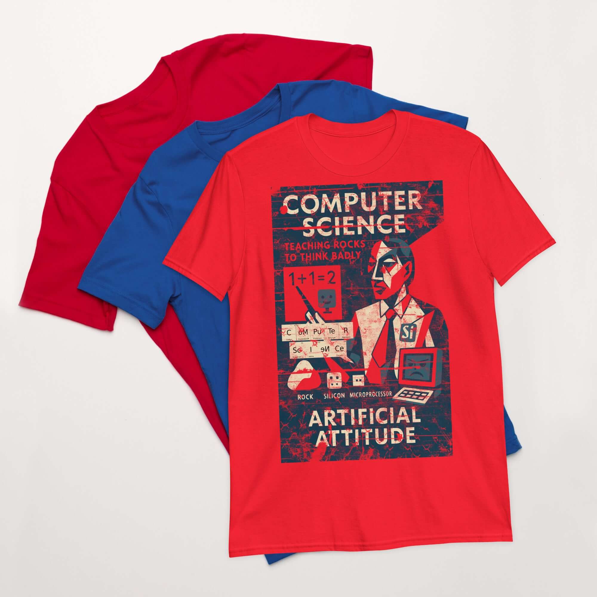 Red Computer Science T-Shirt with 'Teaching Rocks to Think Badly' slogan, showcasing vintage educational poster design.