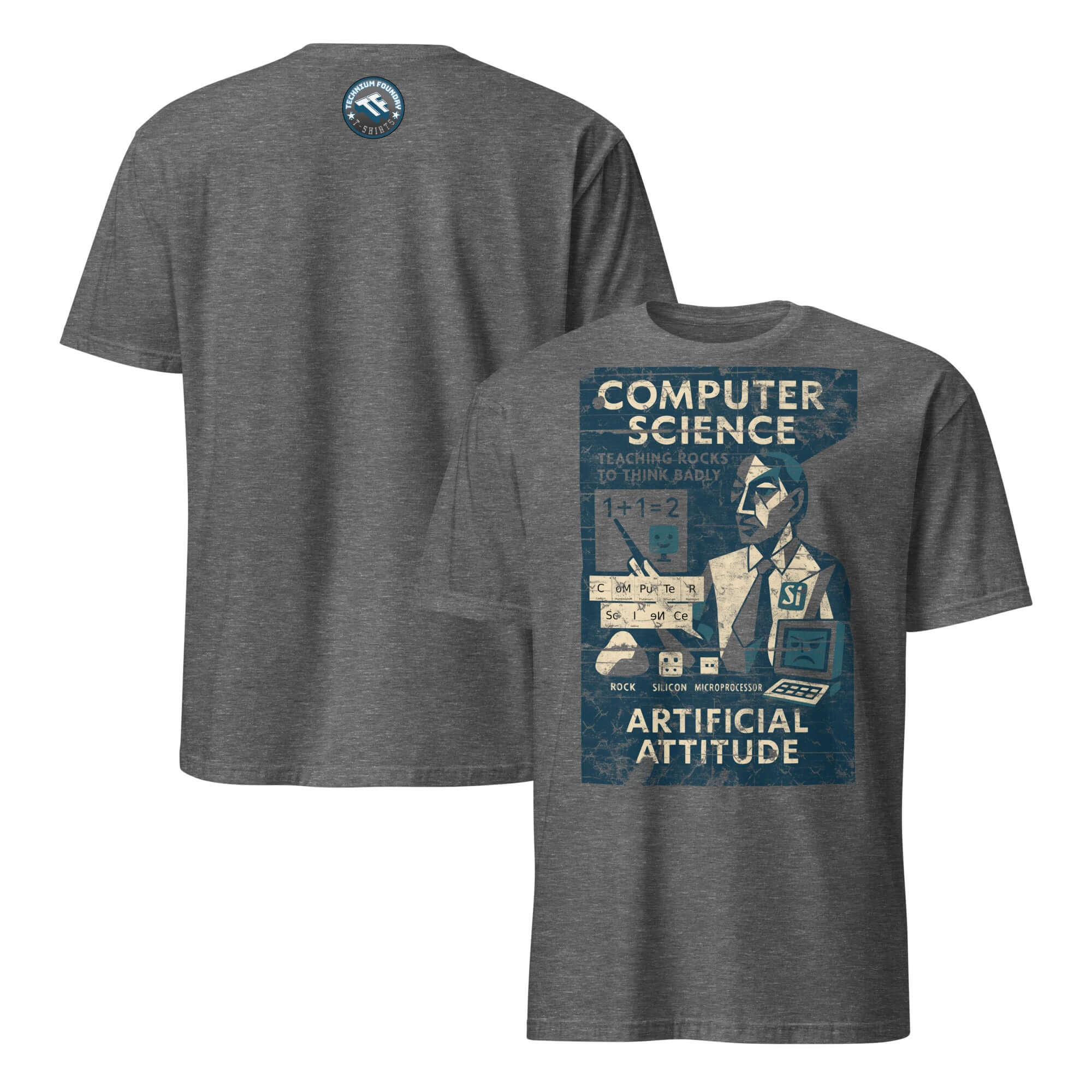 Computer Science T-Shirt featuring vintage design with slogan 'Teaching Rocks to Think Badly.' Perfect for tech enthusiasts and educators.