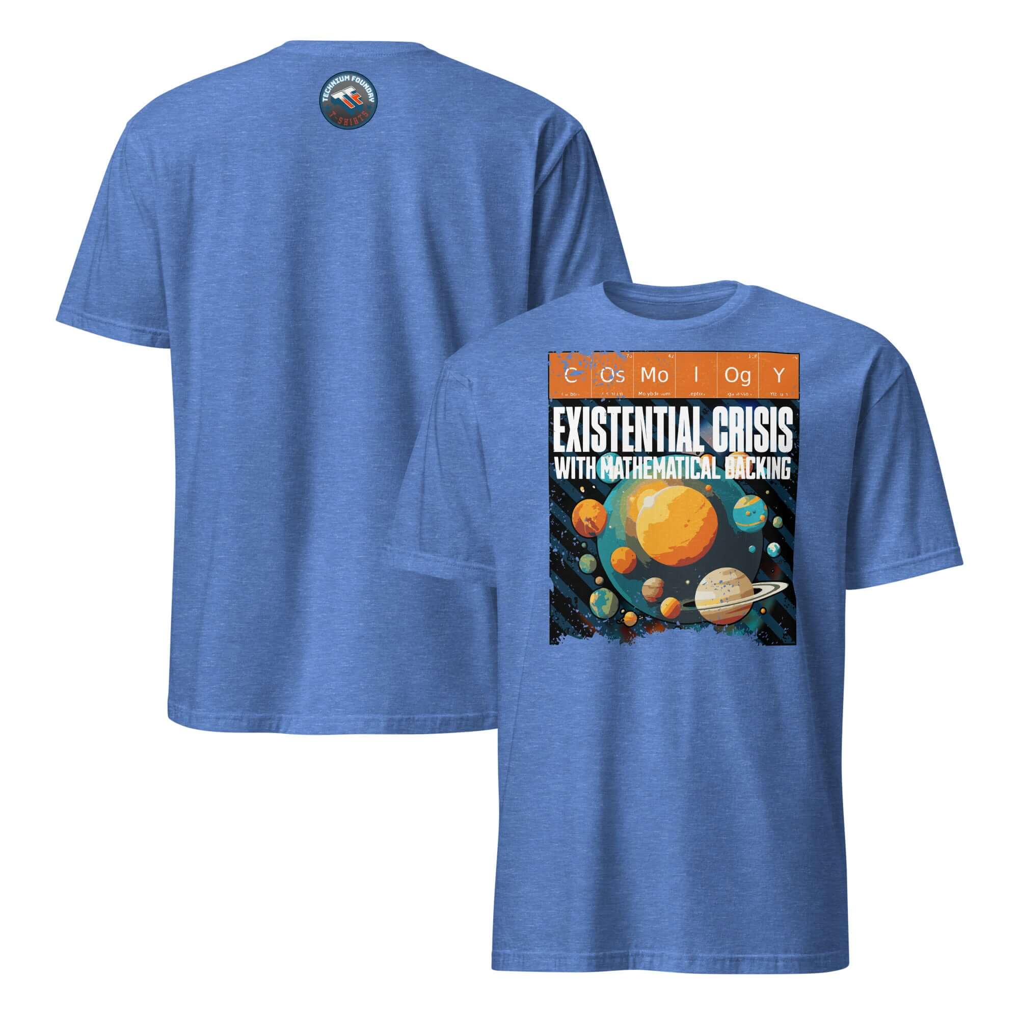 Blue T-shirt featuring 'Cosmology: Existential Crisis With Mathematical Backing' design with planets and periodic table elements.