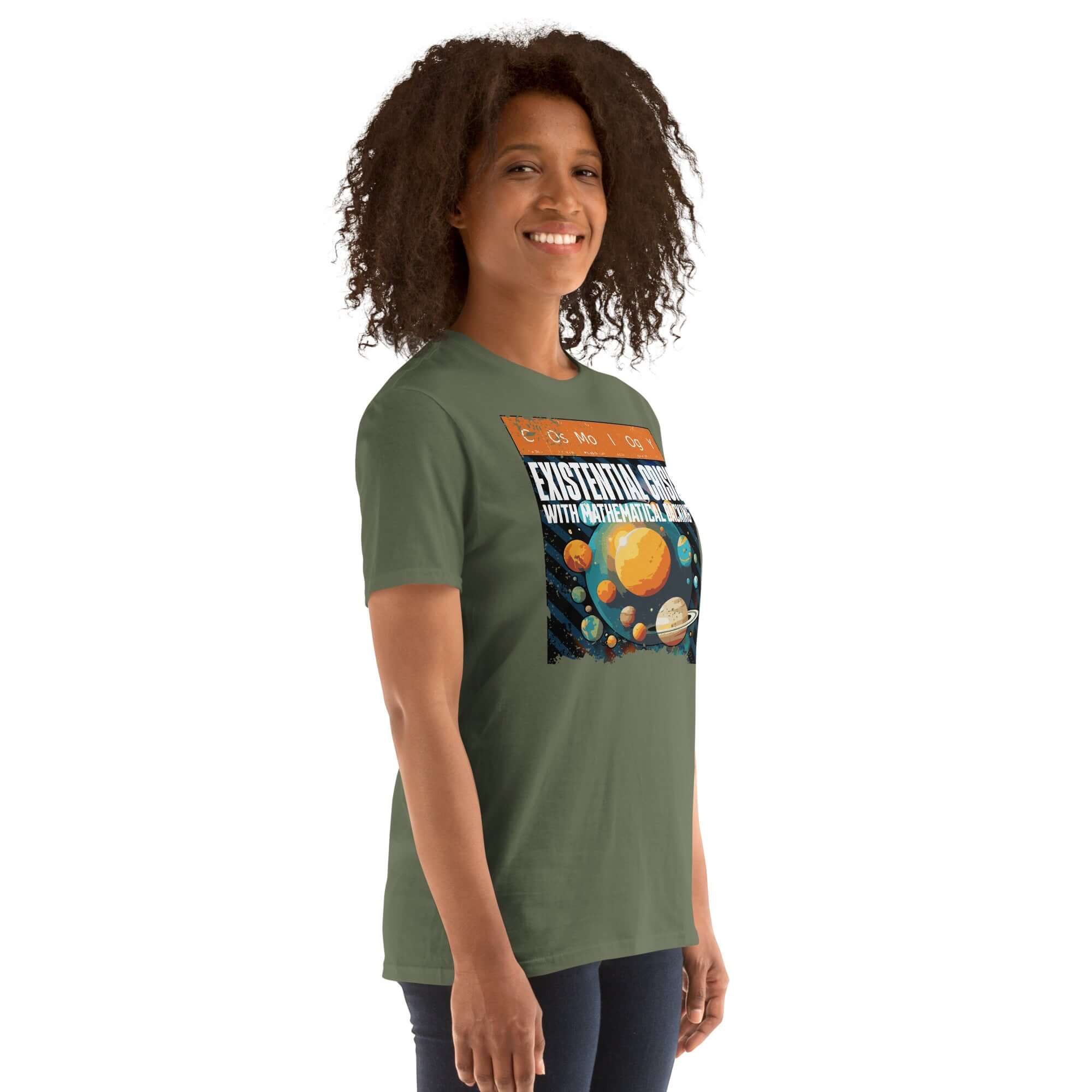 Person wearing a Cosmology T-Shirt featuring periodic elements and planet design with existential crisis theme.