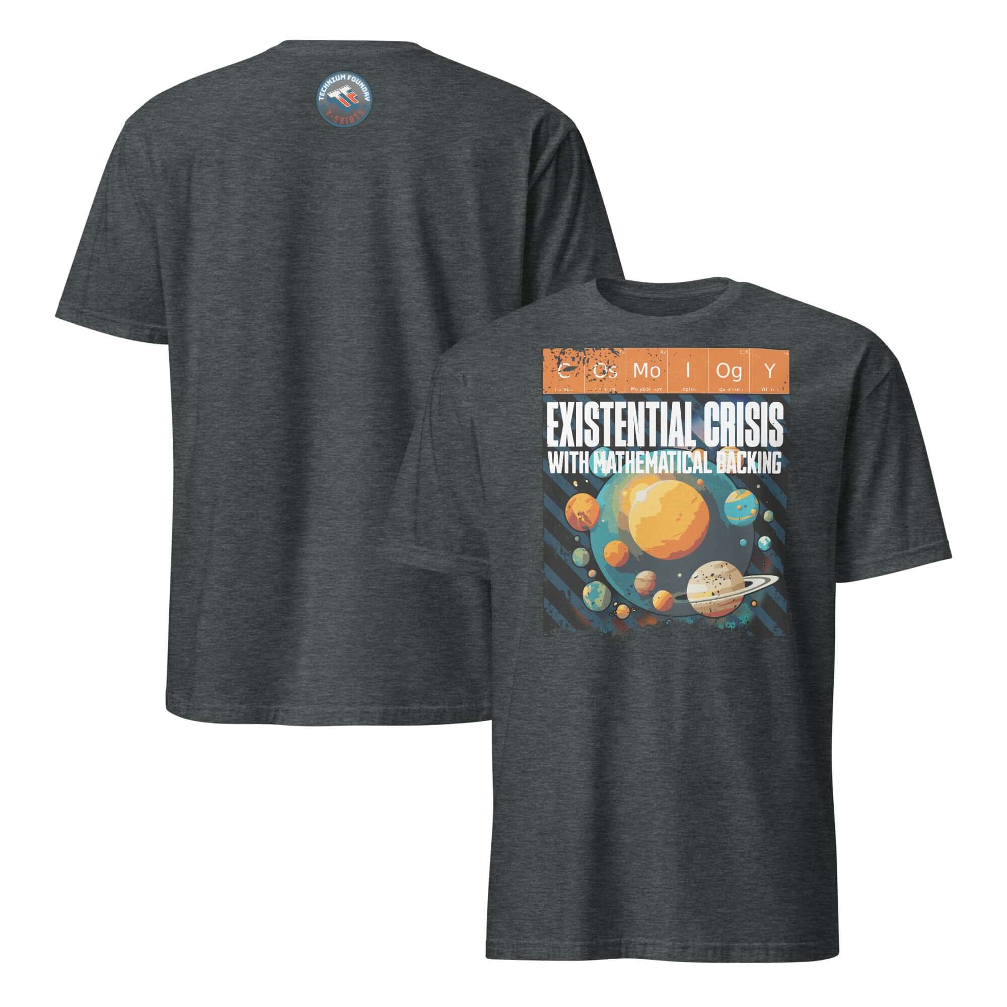 Gray T-shirt featuring cosmic design with periodic table elements, planets, and text "Existential Crisis With Mathematical Backing."