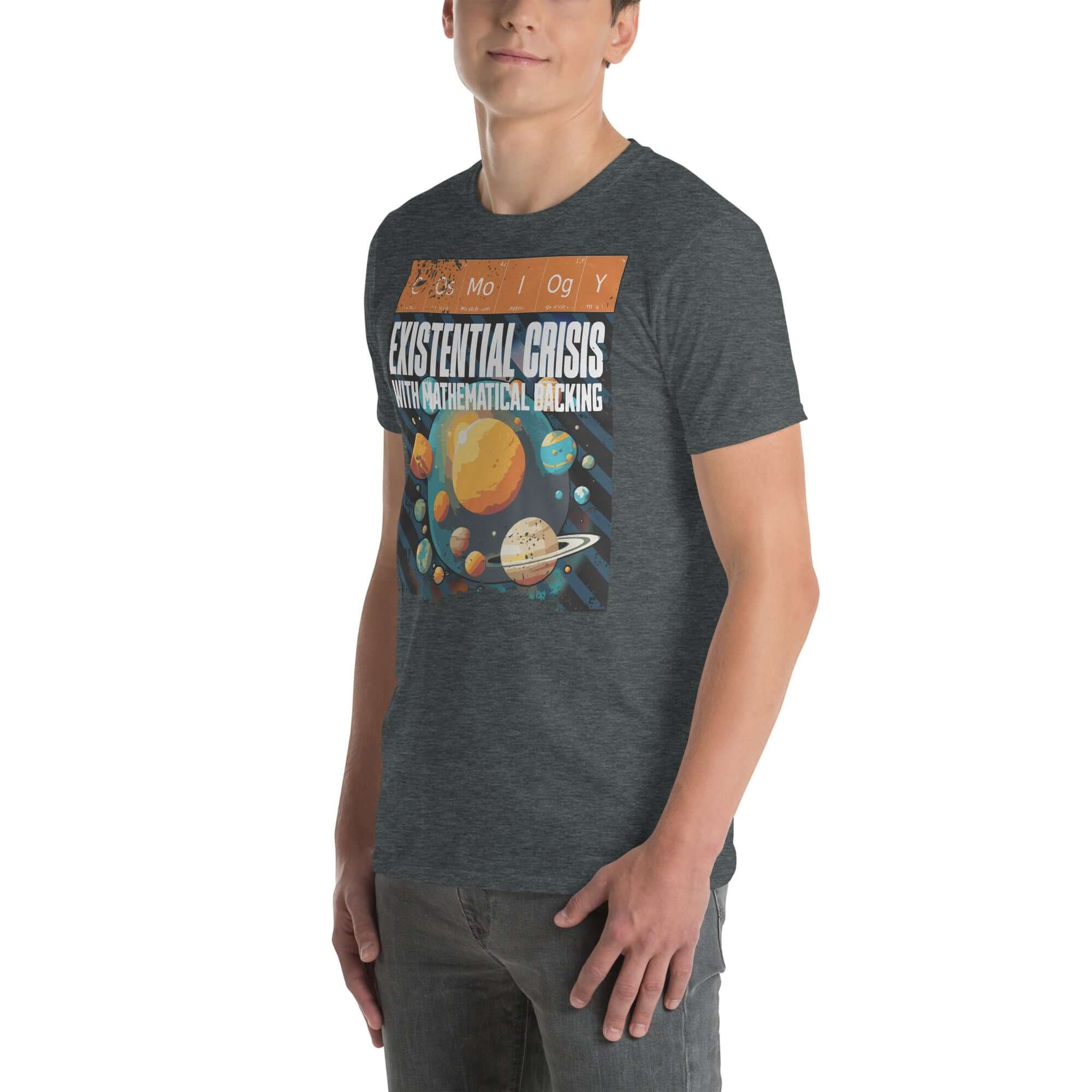 Men's t-shirt featuring 'Cosmology: Existential Crisis With Mathematical Backing' design with planetary and chemical symbol graphics.