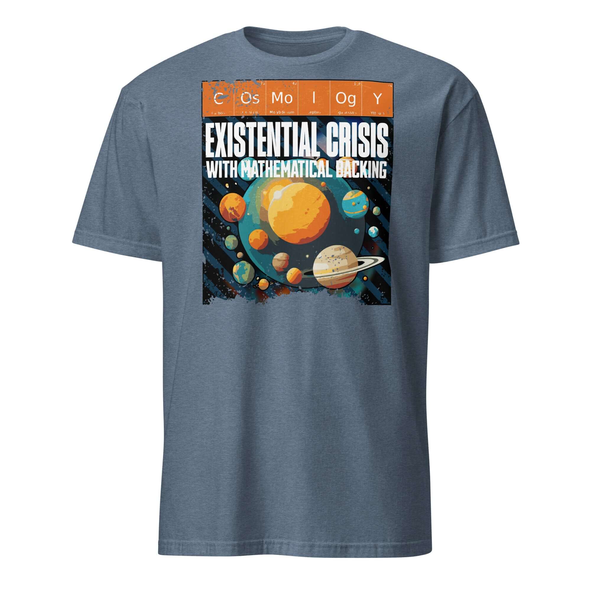 Blue t-shirt with "Cosmology: Existential Crisis With Mathematical Backing" design featuring planets and periodic elements.
