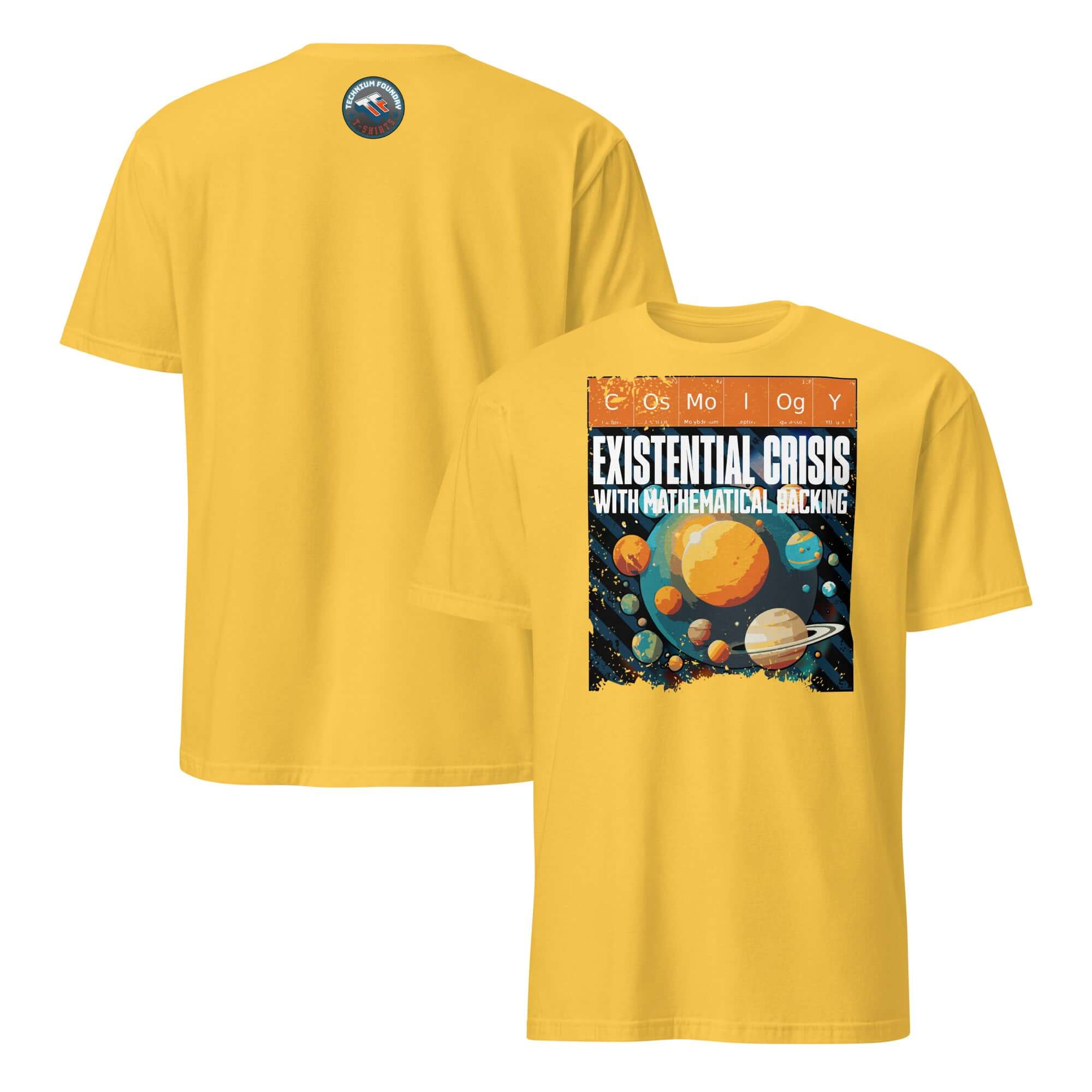 Yellow Cosmology T-shirt with planetary and periodic table design, featuring the text 'Existential Crisis With Mathematical Backing'.
