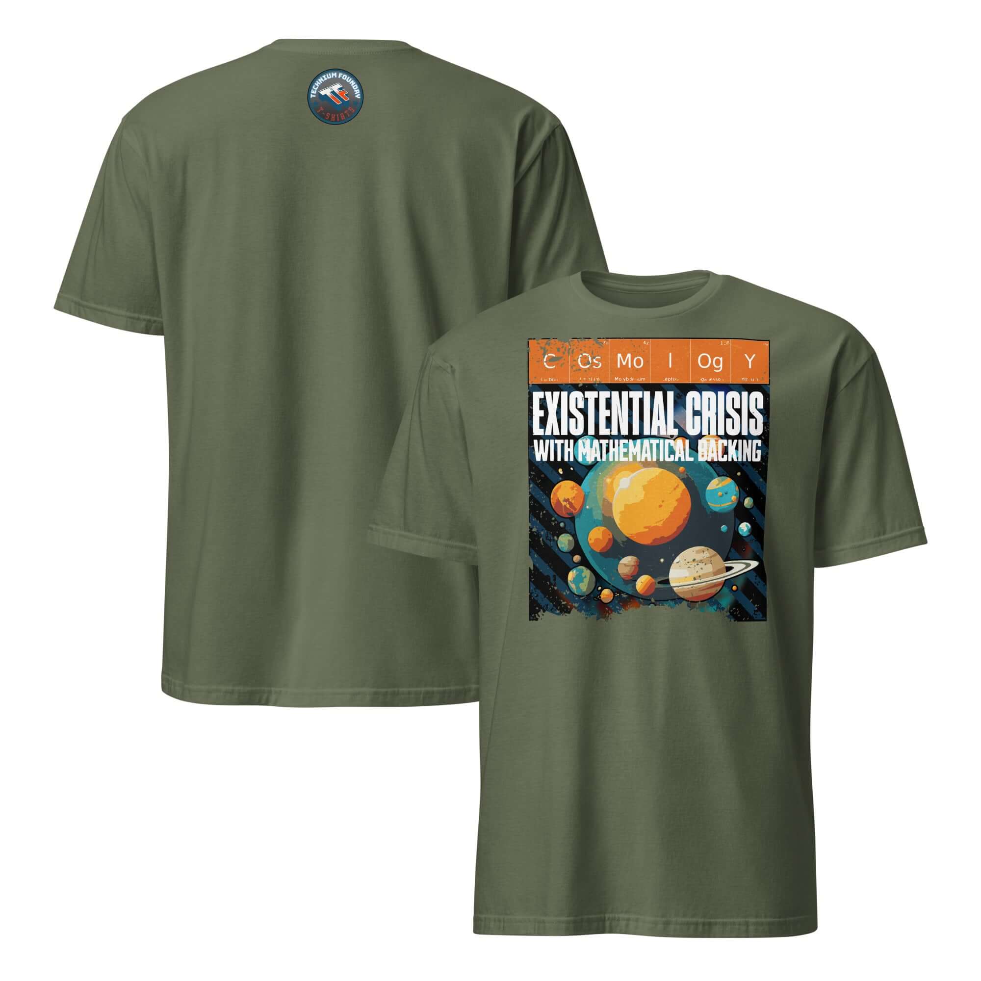 Olive green t-shirt with cosmology design featuring planets and periodic elements, text: 'Existential Crisis with Mathematical Backing'.