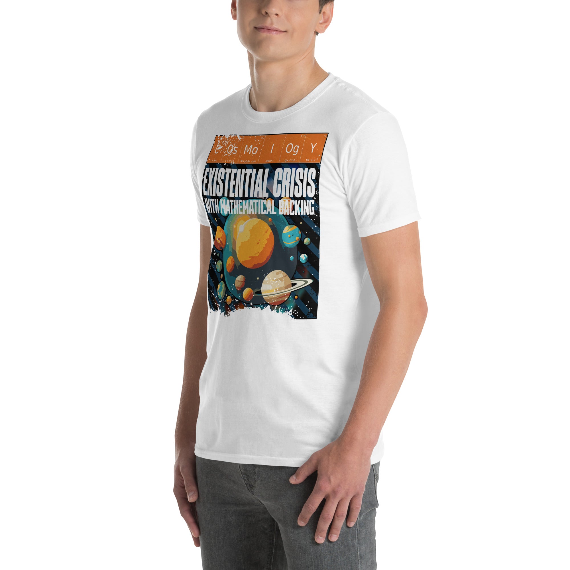White t-shirt featuring 'Cosmology: Existential Crisis With Mathematical Backing' design, mixing periodic elements and cosmic themes.