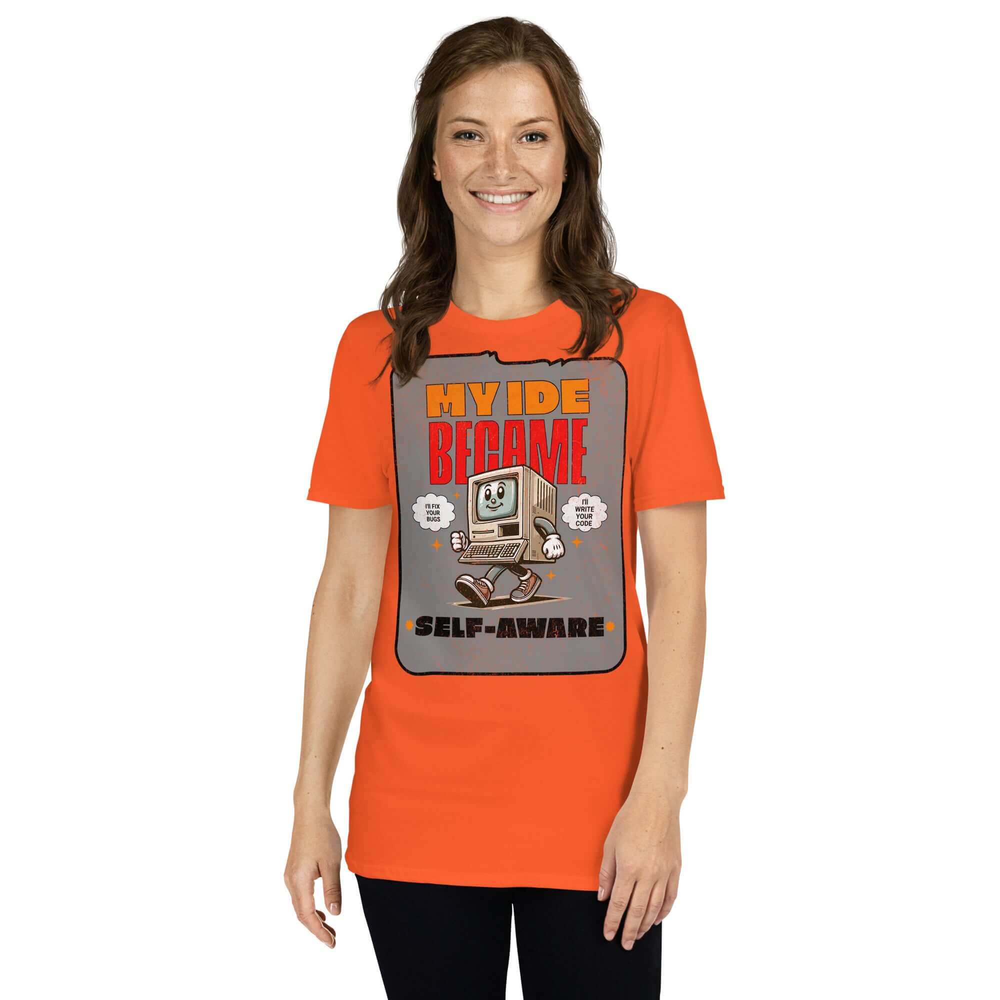 Model wearing 'My IDE Became Self-Aware' T-Shirt, featuring cute anthropomorphic computer design in orange. Funny AI tech shirt.