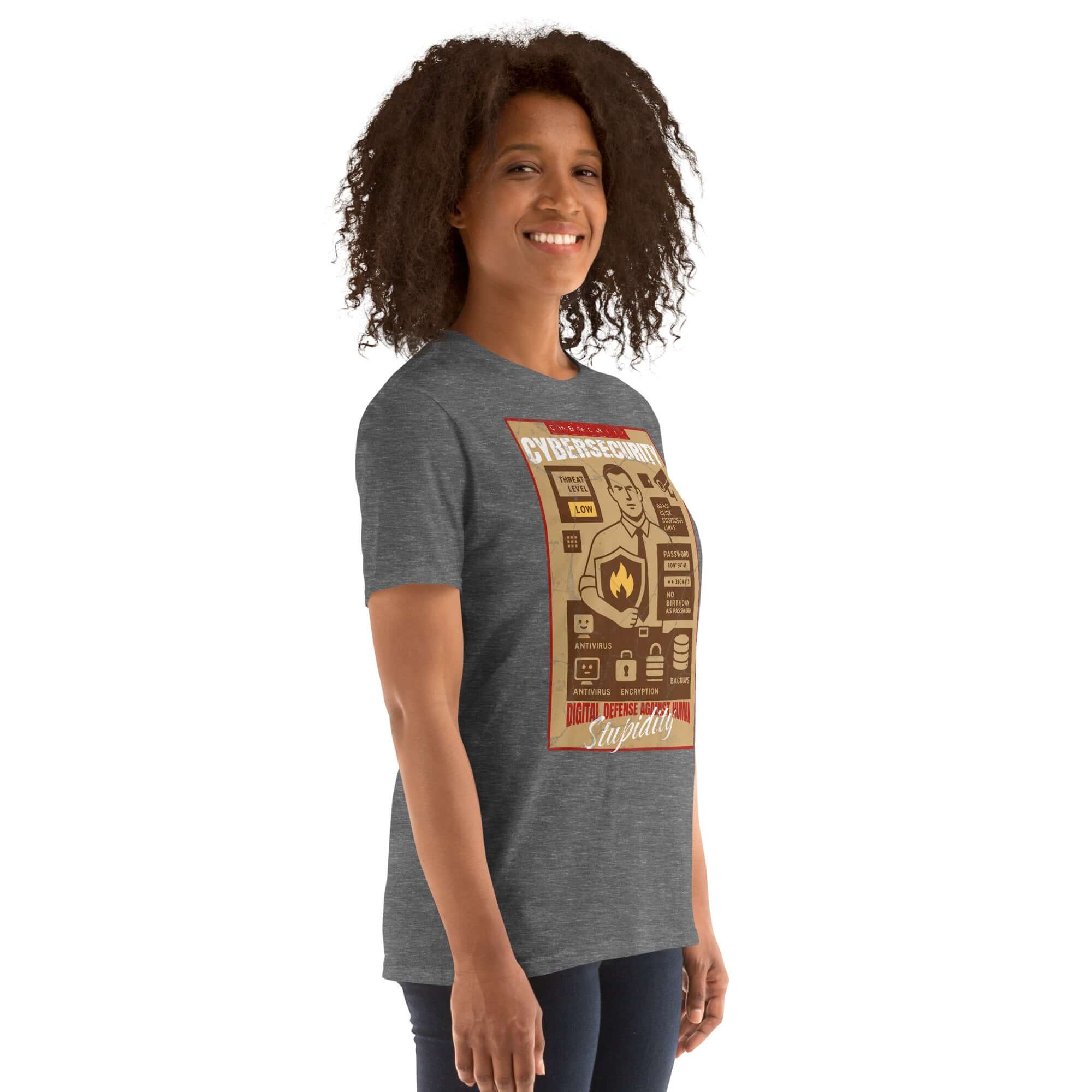 Person wearing Cybersecurity T-shirt with 'Digital Defense Against Human Stupidity' design, celebrating digital warriors.