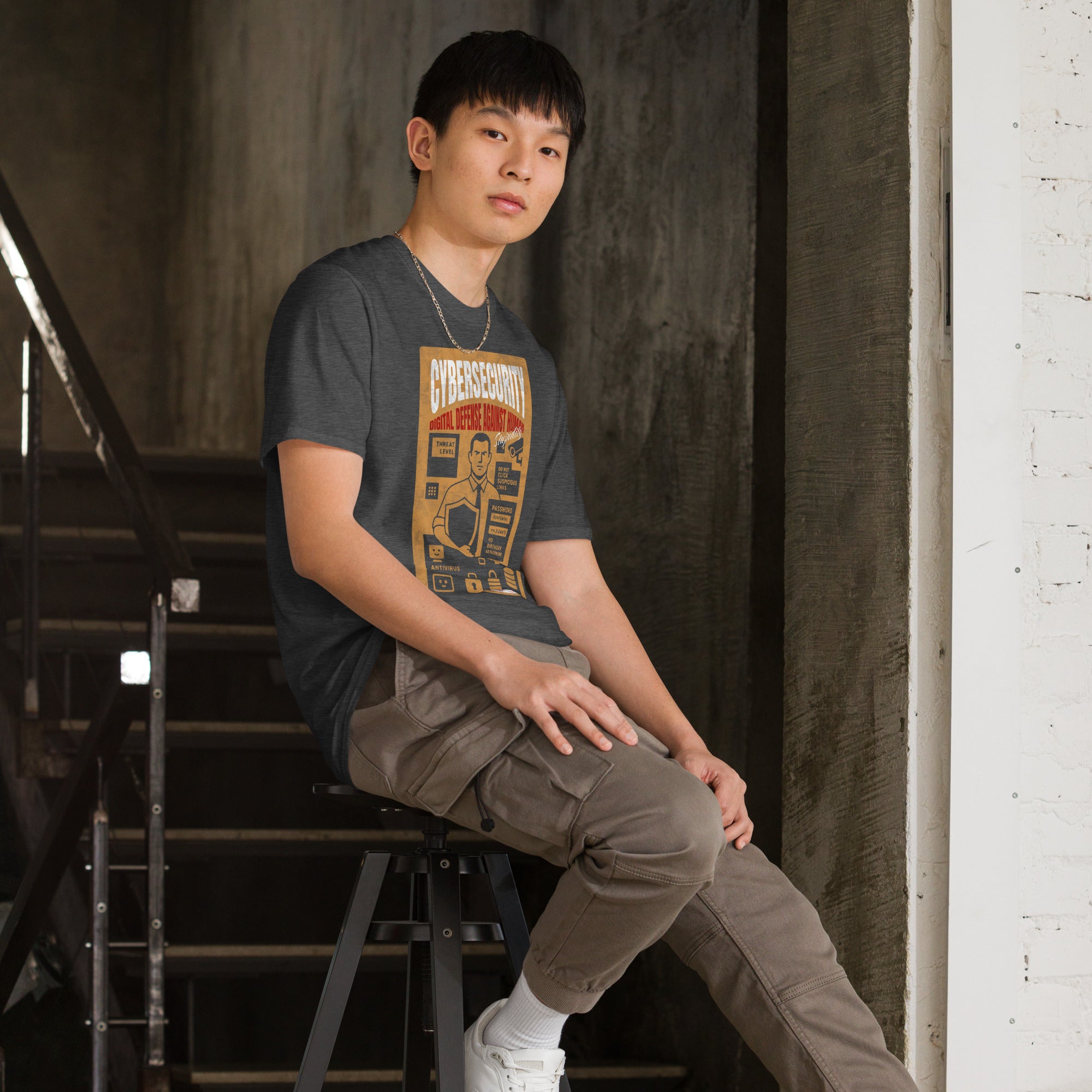 Man wearing Cybersecurity T-Shirt with a humorous vintage design on digital defense against human error, sitting on stairs.