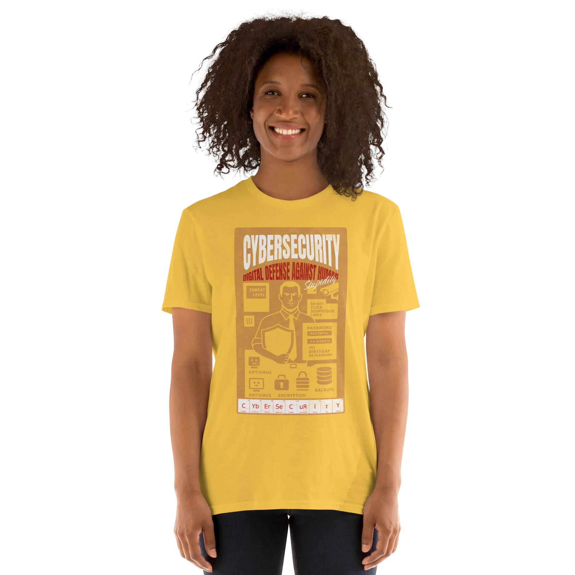 Person wearing a yellow Cybersecurity T-shirt with "Digital Defense Against Human Stupidity" vintage design and security theme.
