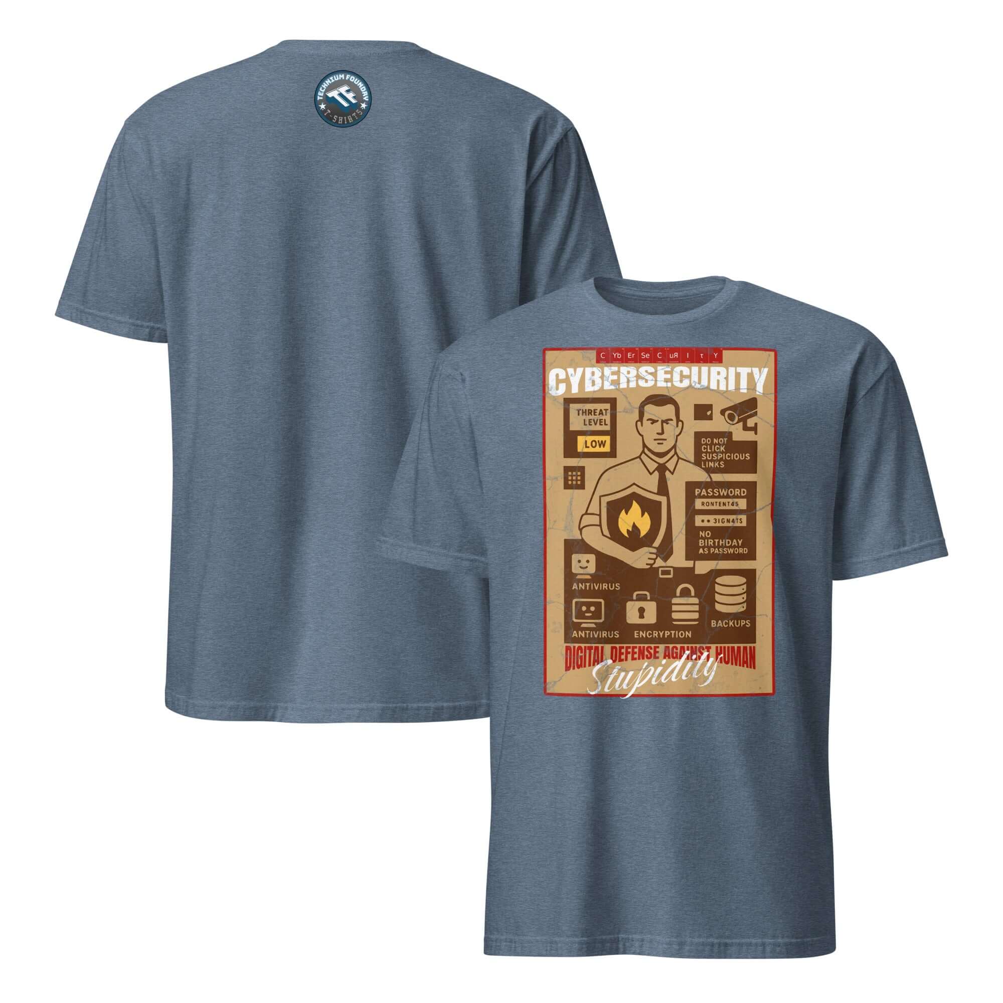 Alt Tag: Cybersecurity T-Shirt with vintage security briefing design, "Digital Defense Against Human Stupidity," in blue and brown.