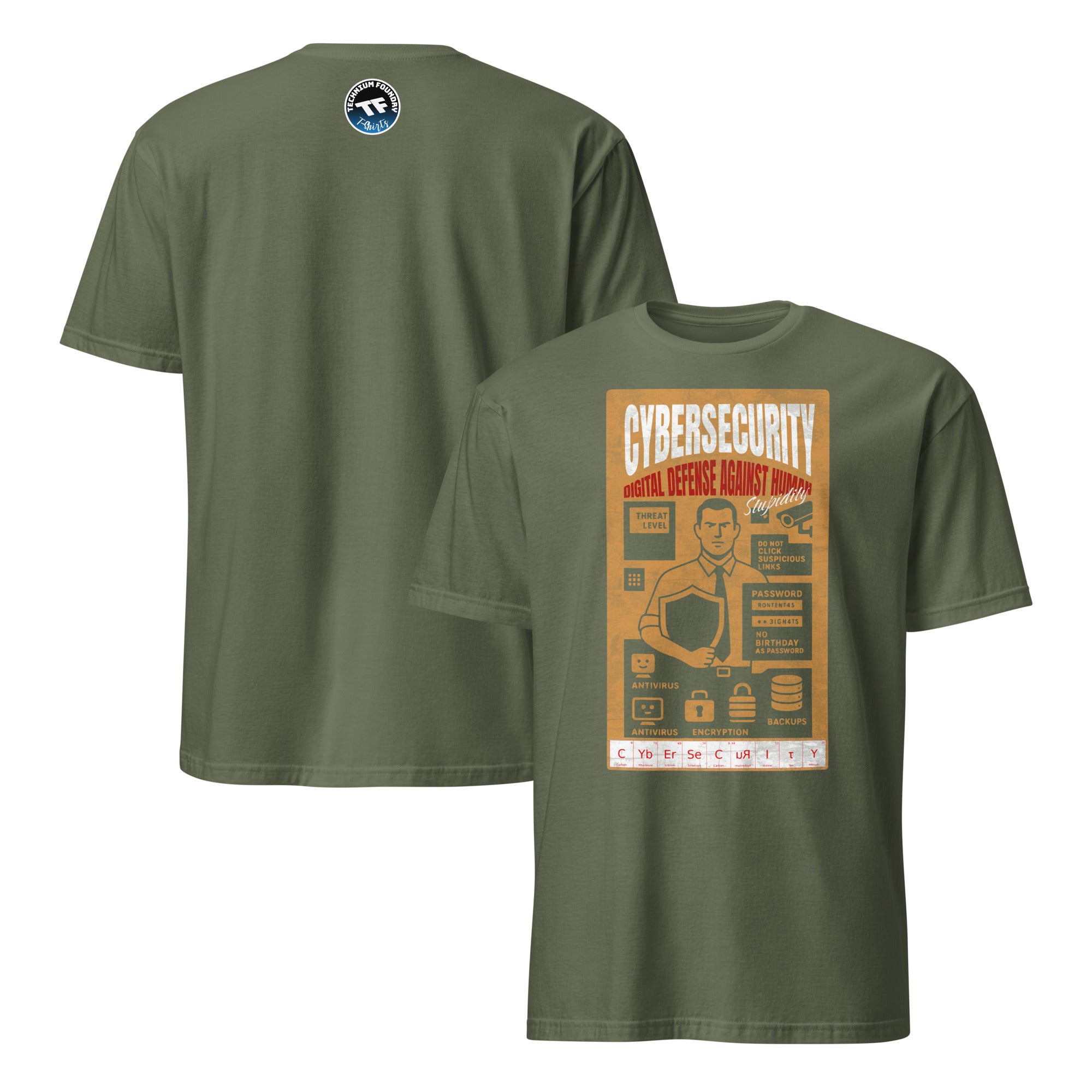 Cybersecurity T-shirt featuring vintage digital defense poster on an army green background, humorously highlighting human error.