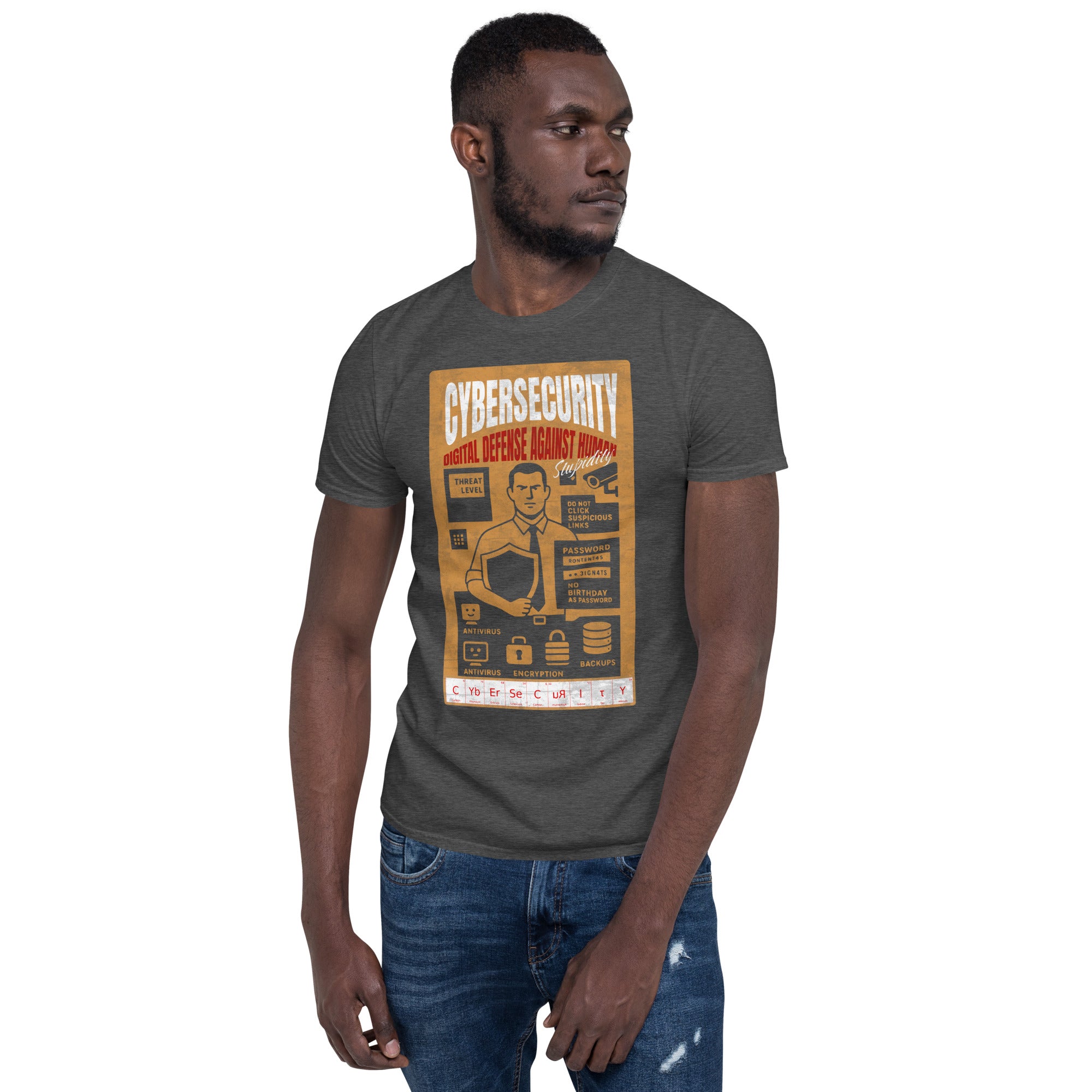 Cybersecurity T-shirt featuring digital defense theme against human error, worn by a model to showcase vintage protection poster design.