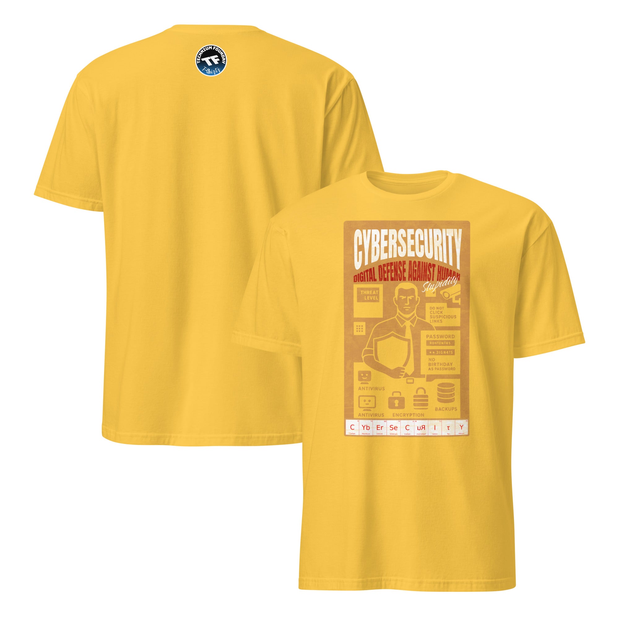 Yellow cybersecurity T-shirt featuring a vintage poster design, highlighting digital defense themes and humorous text.