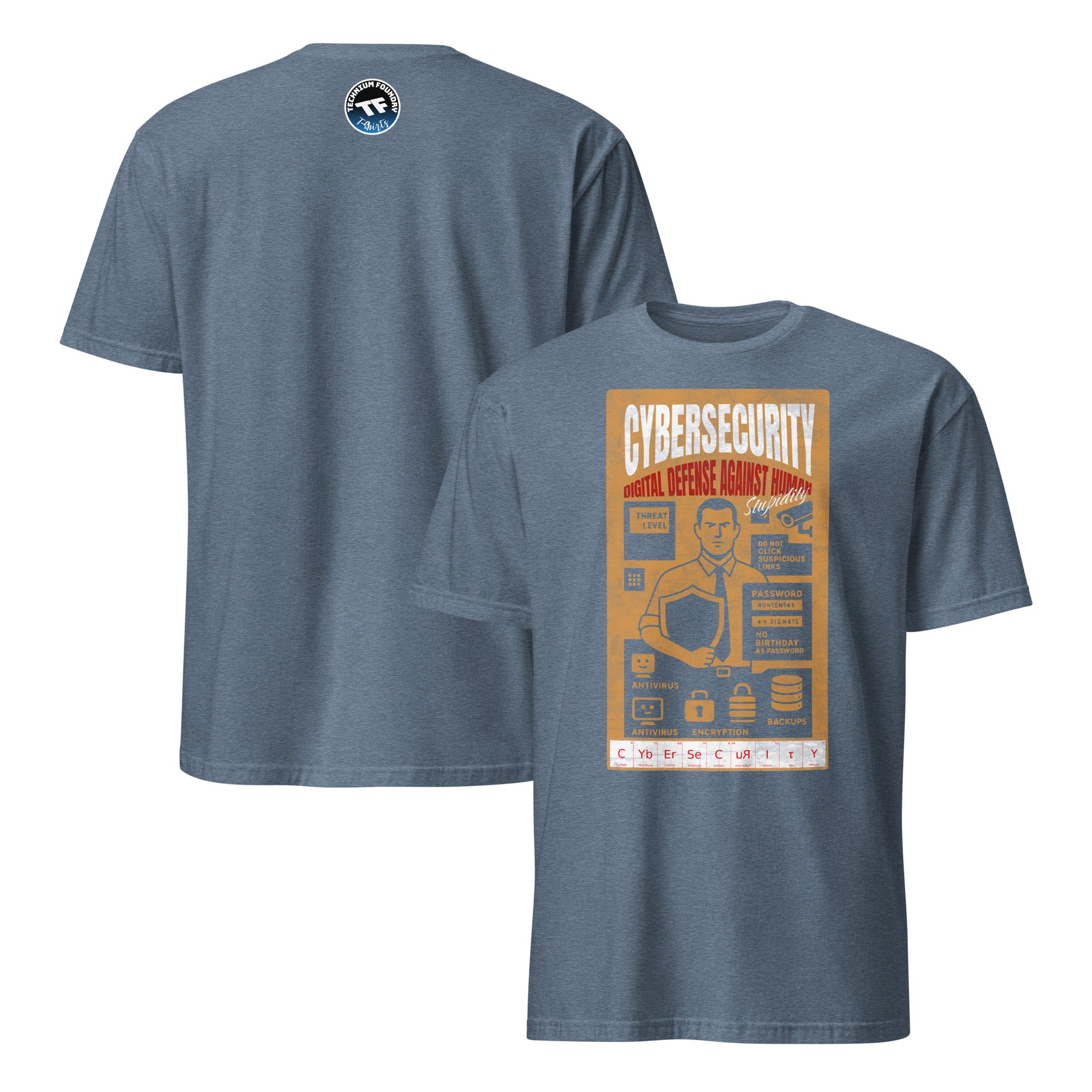 Cybersecurity t-shirt with vintage poster design, "Digital Defense Against Human Stupidity," featuring retro security graphics and text.