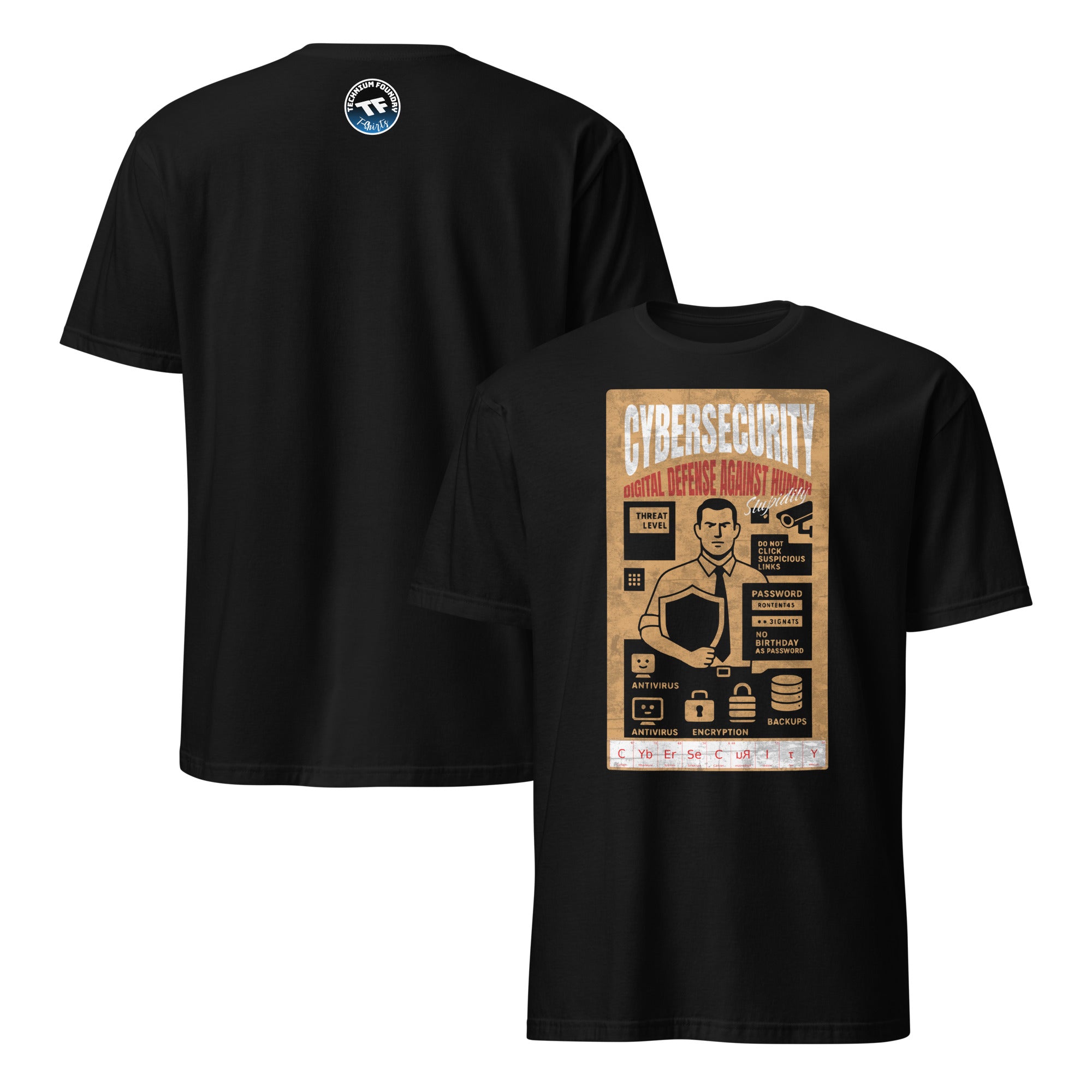 Black cybersecurity t-shirt featuring "Digital Defense Against Human Stupidity" vintage protection poster on the back.