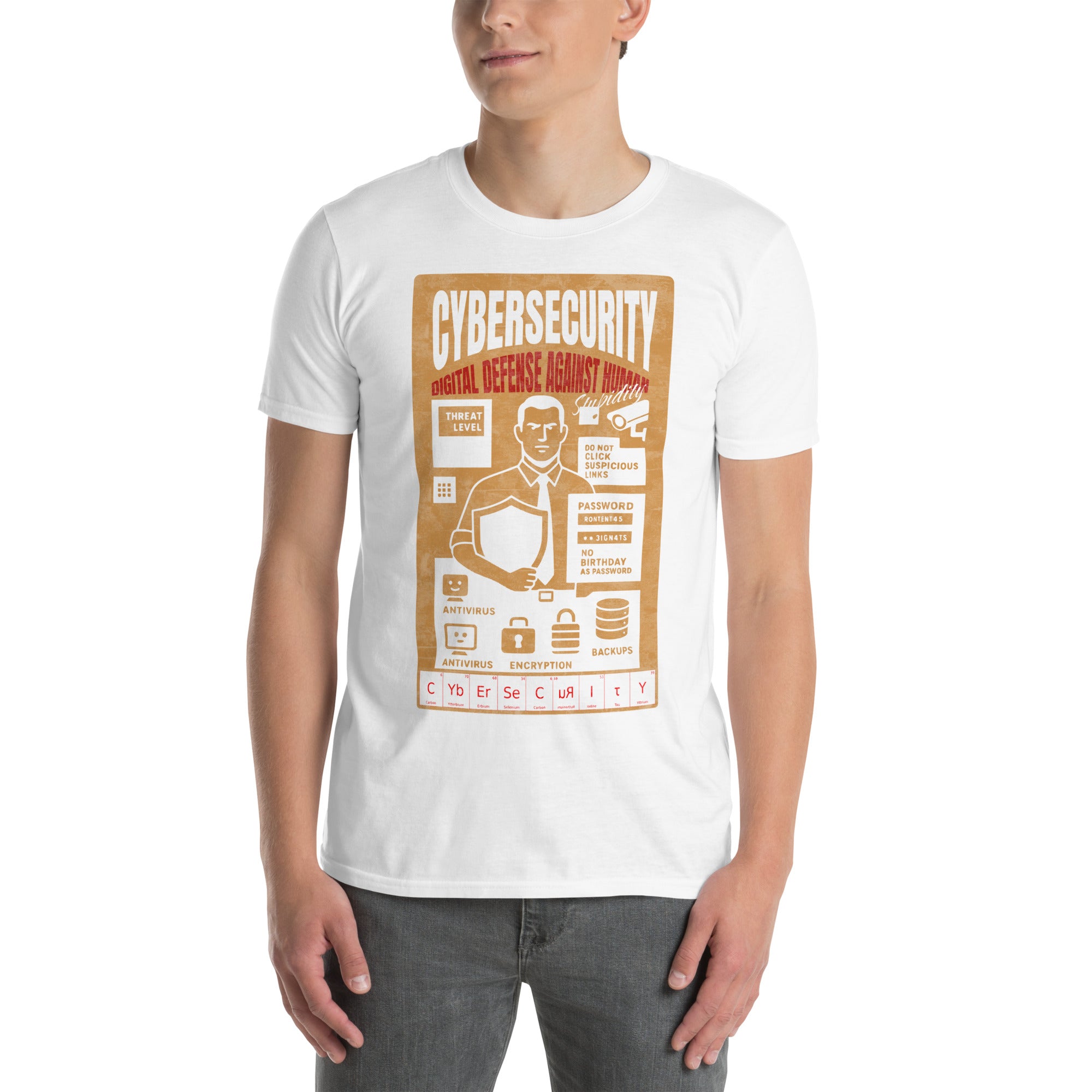 Cybersecurity T-shirt featuring a vintage digital defense poster against human error, promoting online safety with humor.