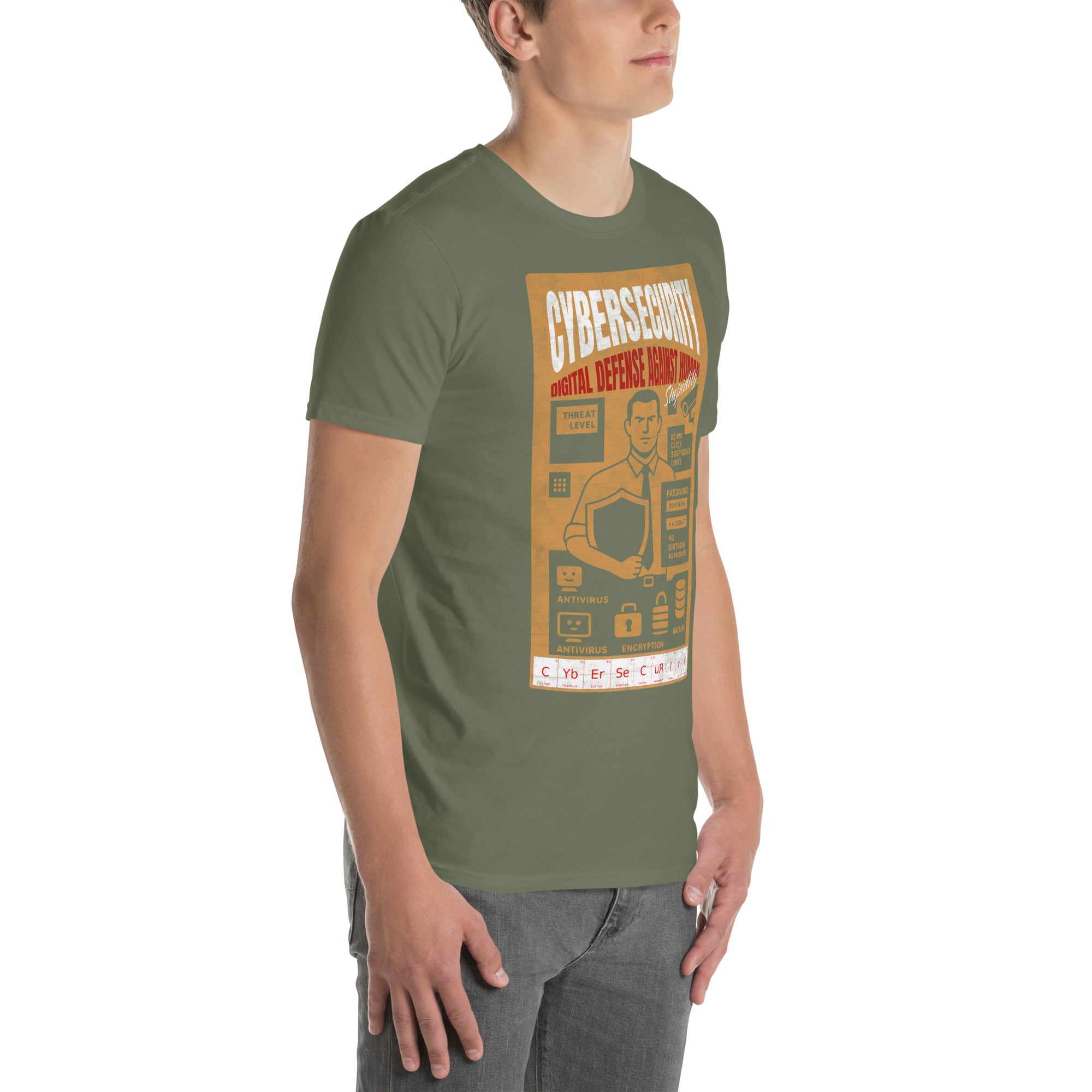 Model wearing olive green Cybersecurity T-Shirt with vintage design, promoting digital defense against human error.