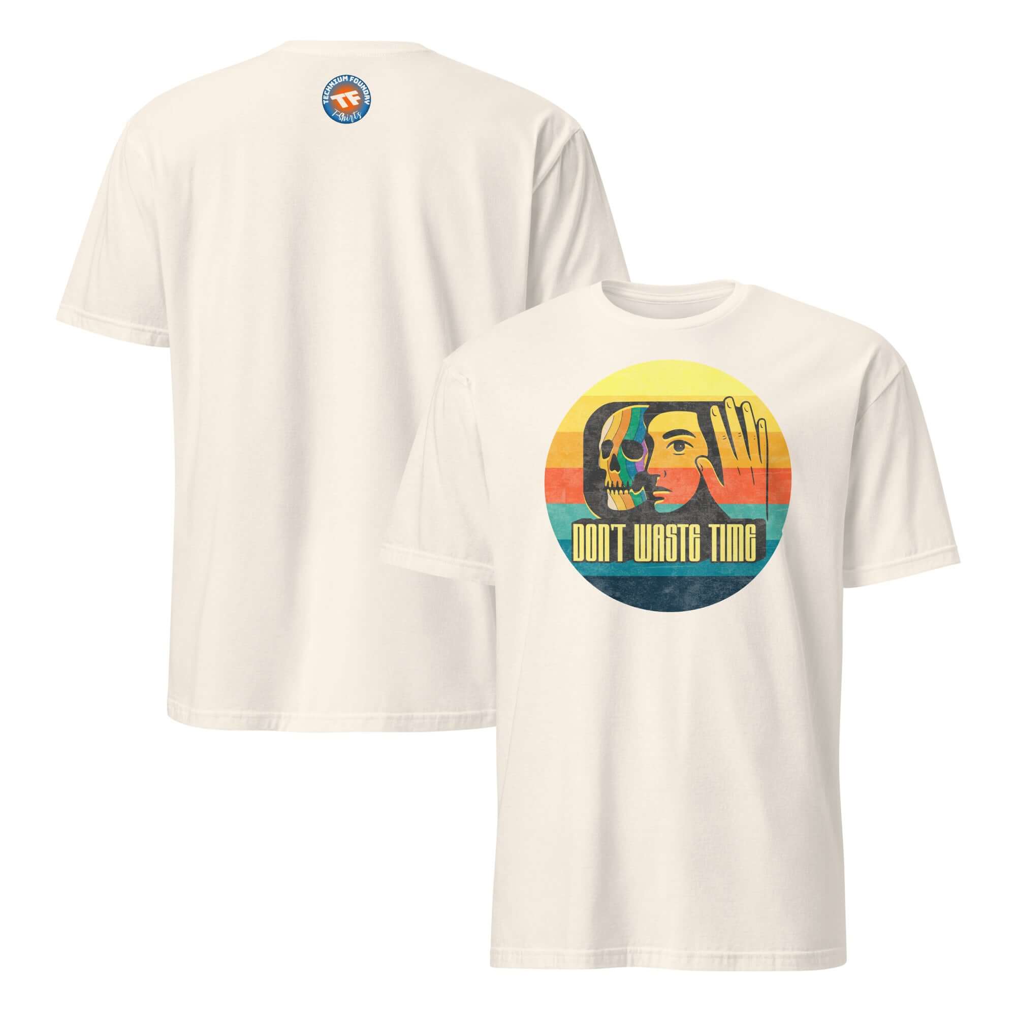 Retro skull productivity T-shirt featuring a memento mori design with "Don't Waste Time" message and sunset colors.