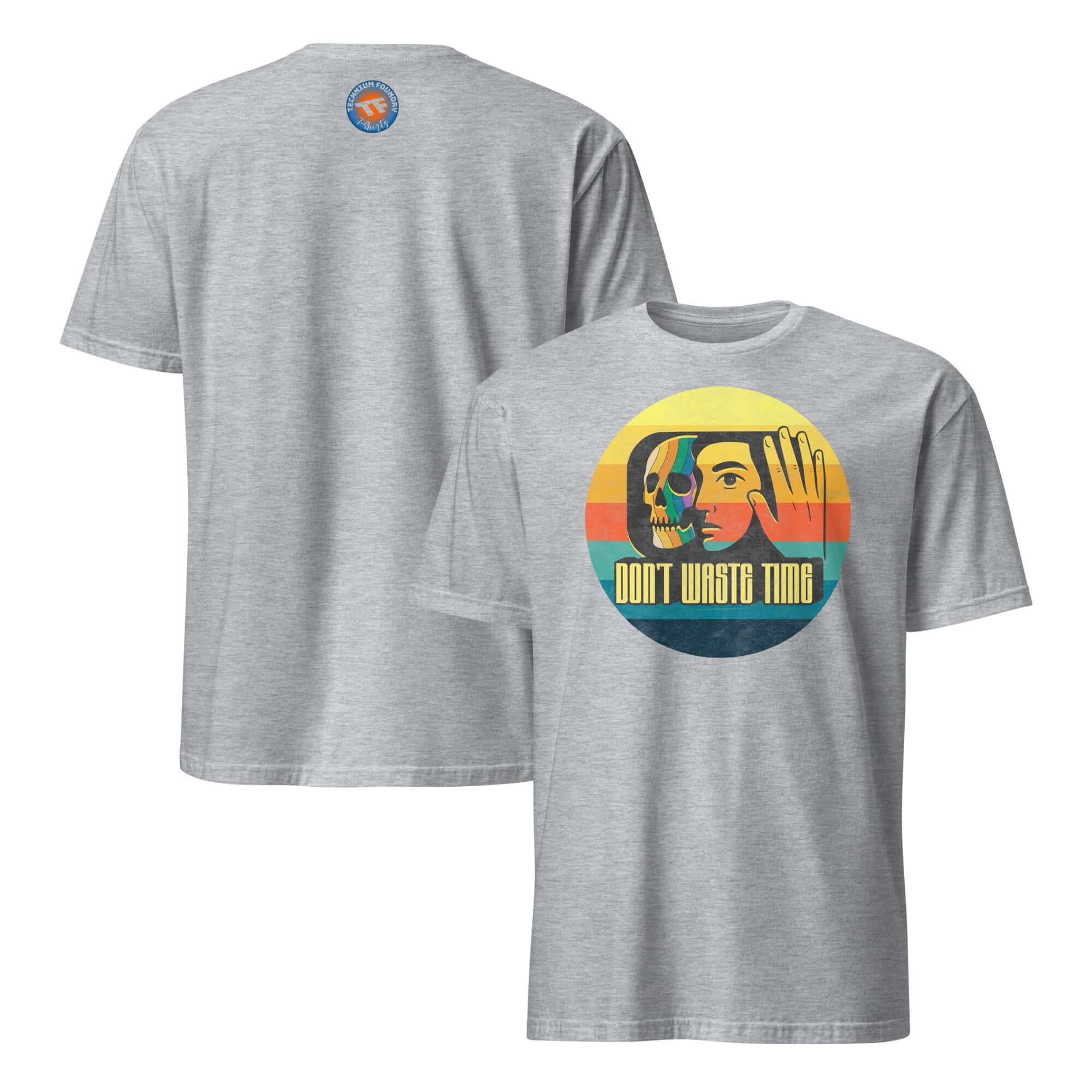 Retro skull productivity T-shirt with 'Don't Waste Time' design and 1970s sunset-style graphic.