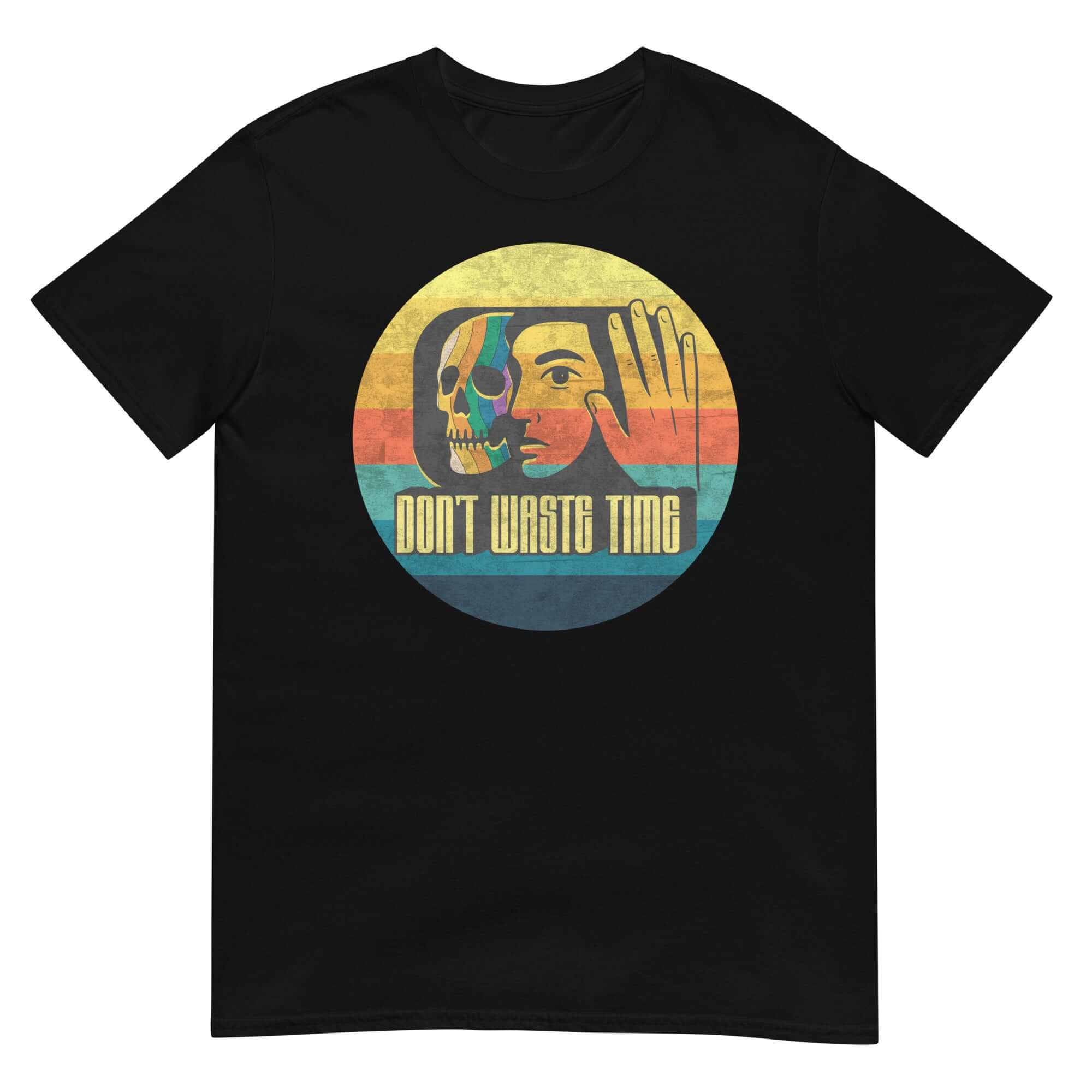 Black T-shirt with retro skull design and "Don't Waste Time" text, embodying memento mori and productivity theme.