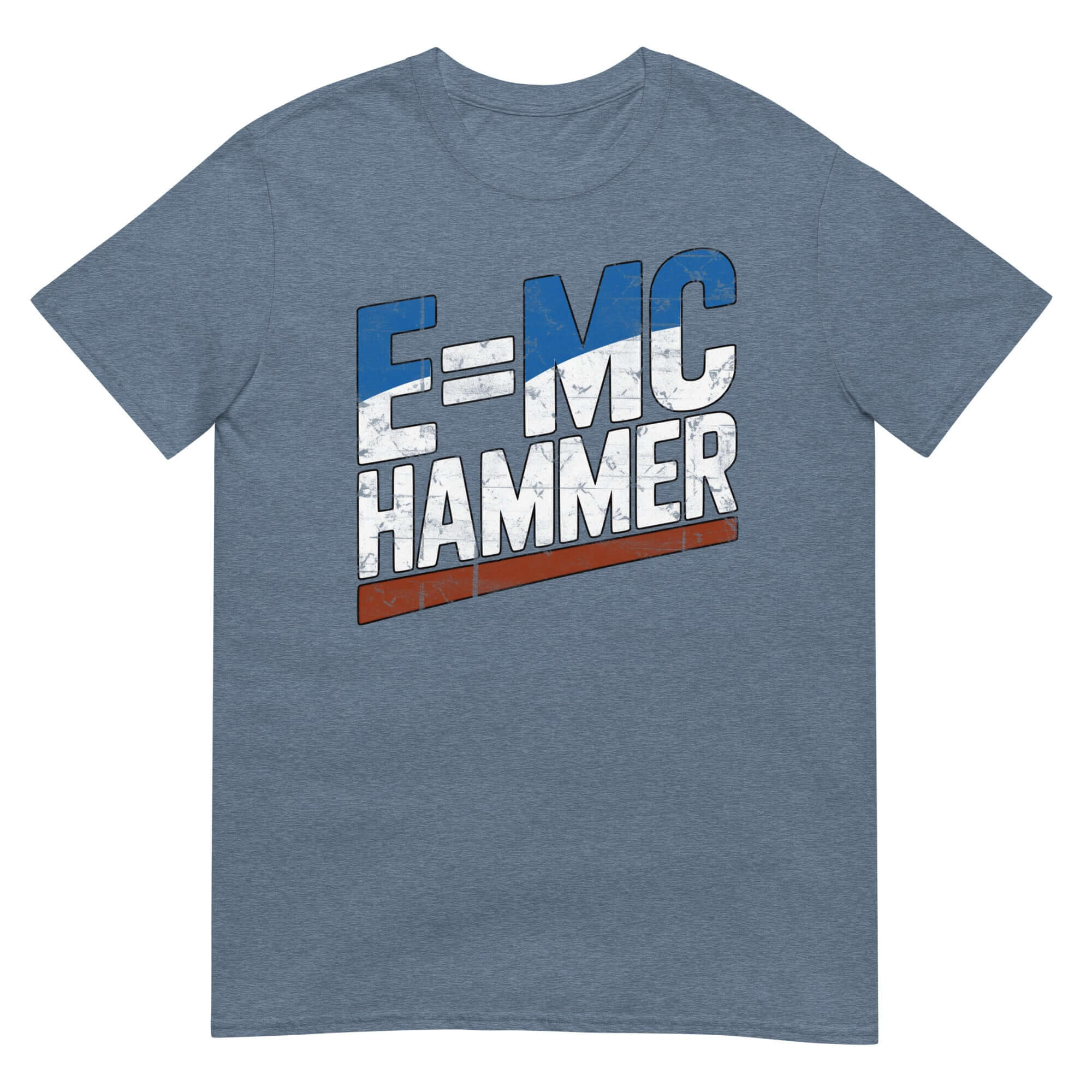 E=MC Hammer T-Shirt featuring Einstein hip-hop mashup design on a blue background, blending physics and 1990s music humor.