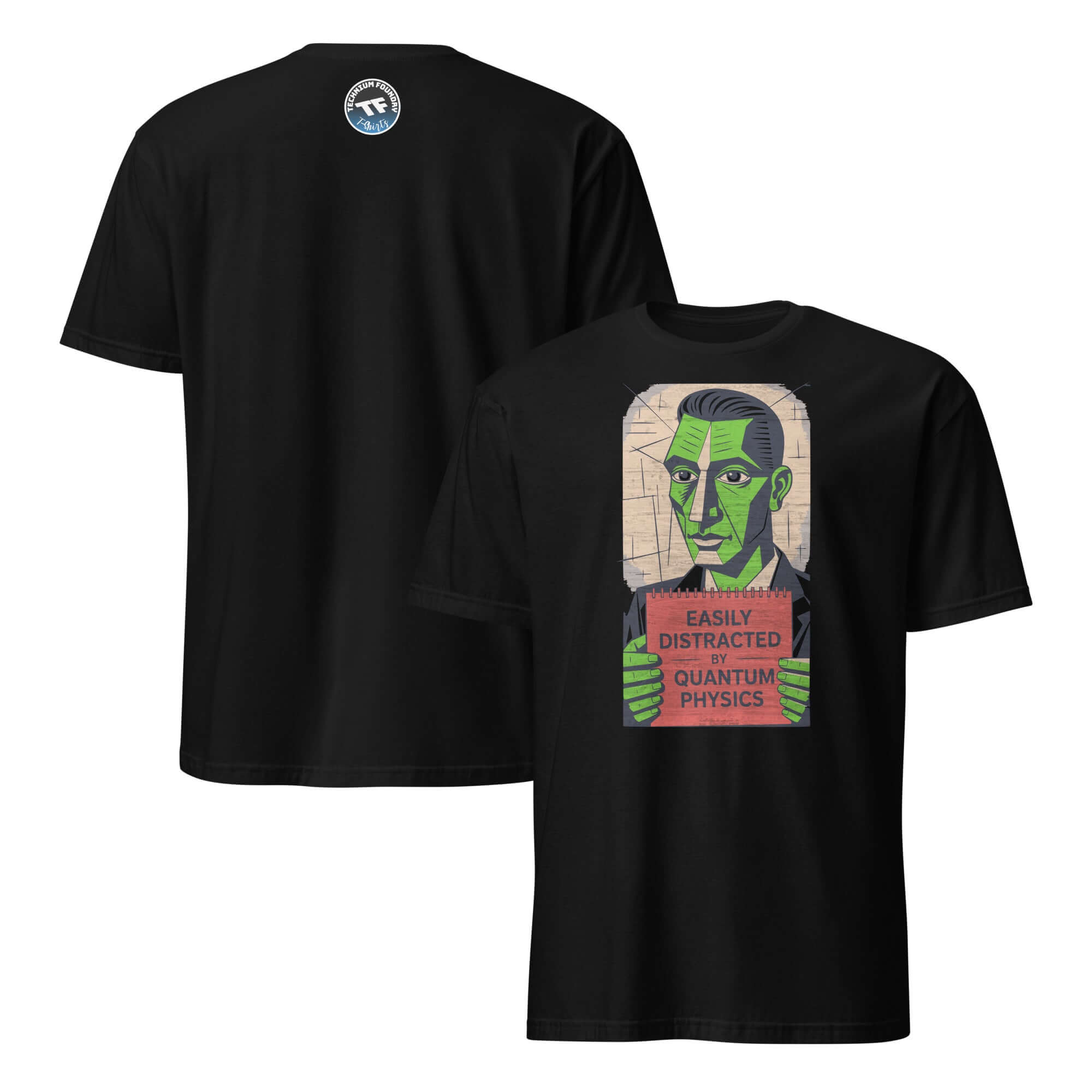 Funny quantum physics T-shirt with ADHD humor graphic on black tee, featuring green character holding a sign "Easily Distracted."