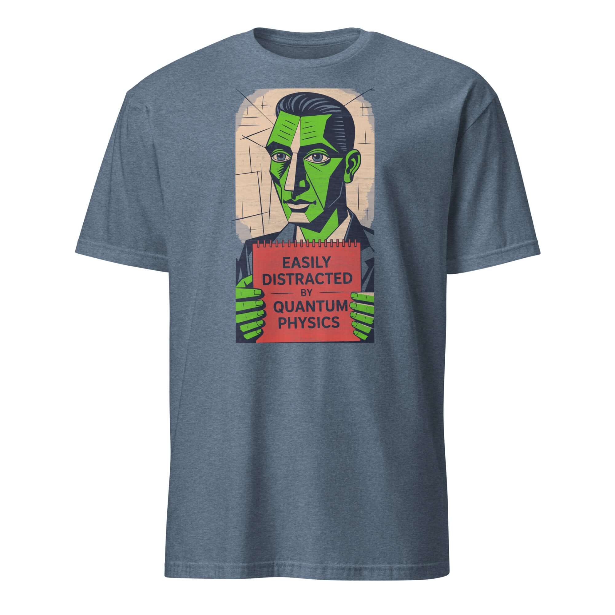 Gray t-shirt with "Easily Distracted by Quantum Physics" graphic in artistic design, showcasing scientific ADHD humor.