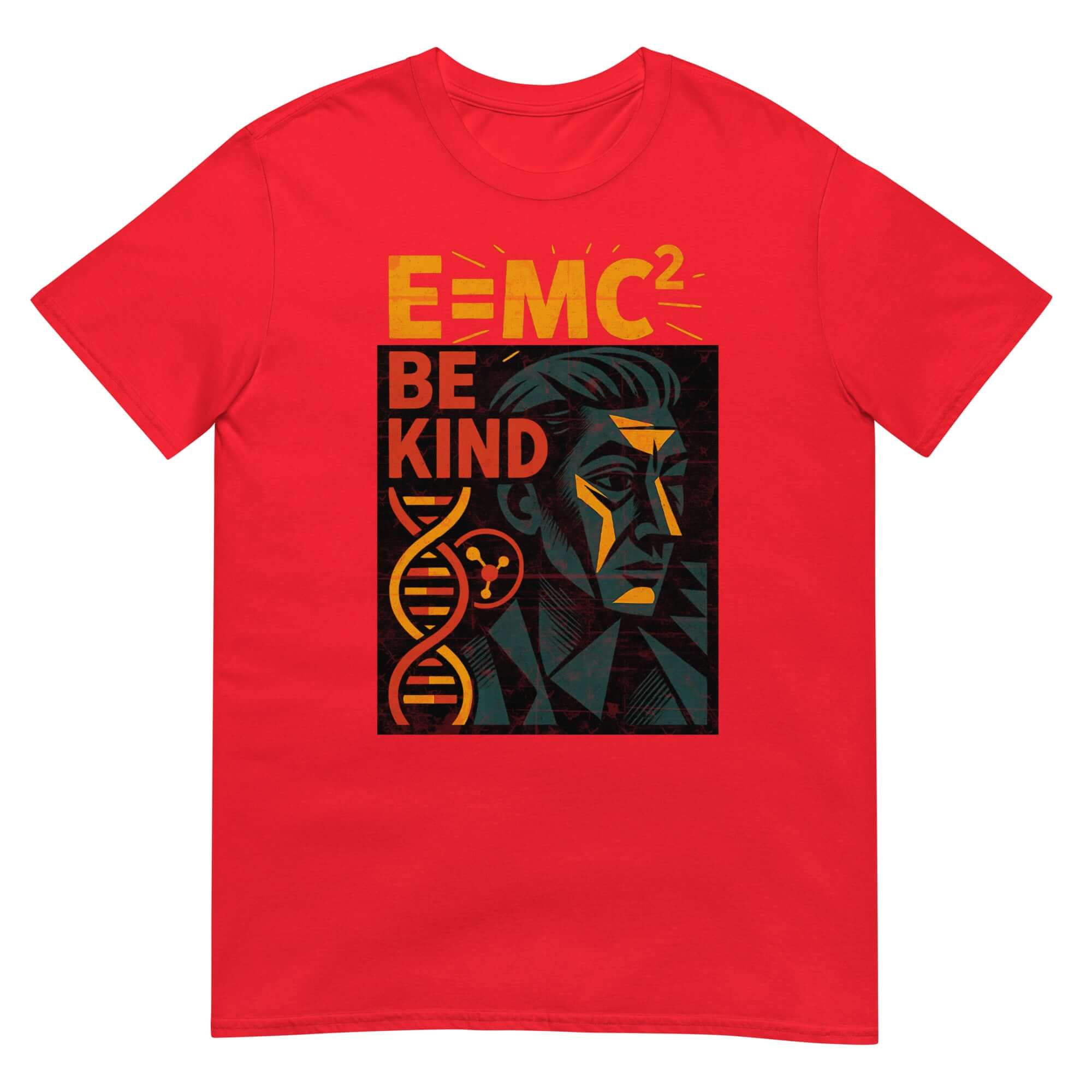 E=MC² Be Kind Einstein T-Shirt in red showcasing physics, kindness, and humor with a scientific empathy design.