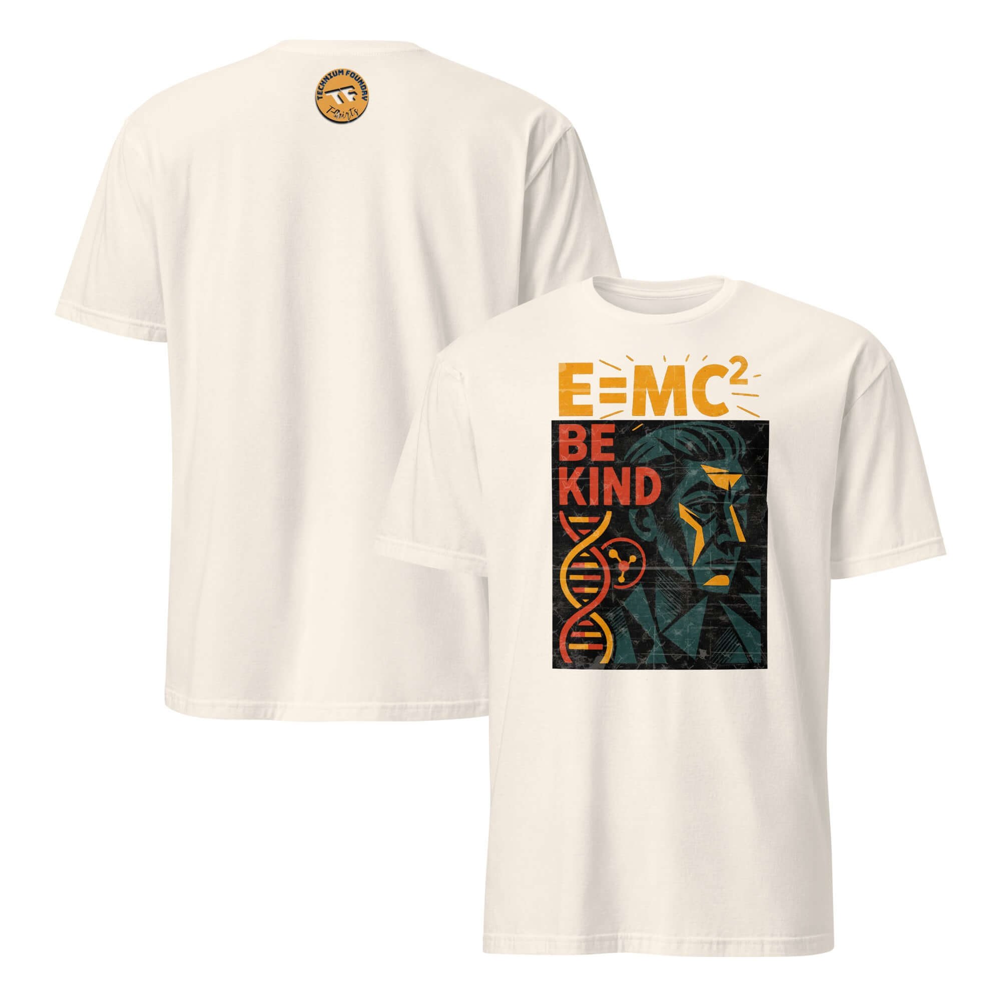 E=MC² Be Kind T-Shirt featuring Einstein design with physics humor and scientific empathy theme on white cotton fabric.
