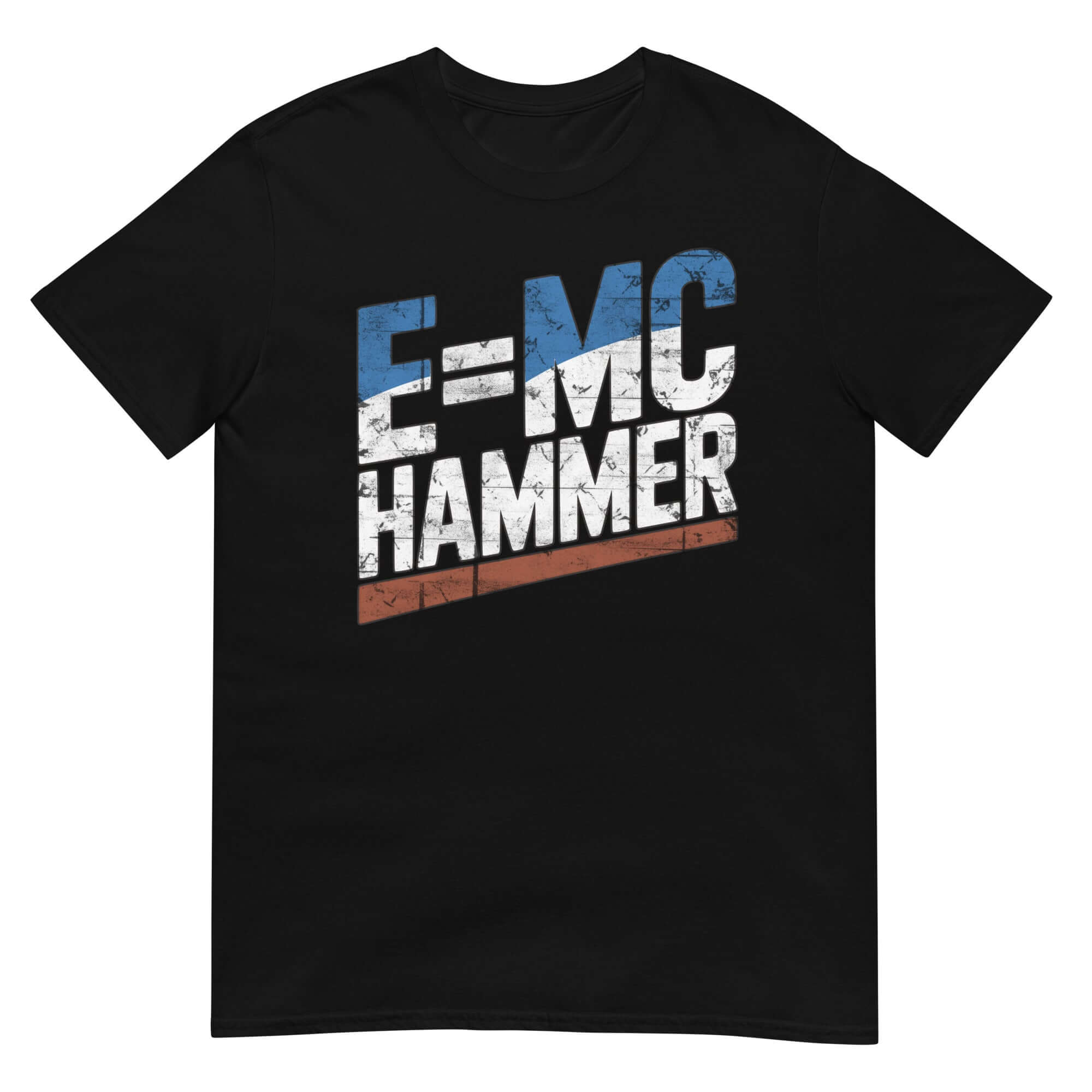 Alt Tag: Black T-shirt with E=MC Hammer print, physics hip-hop mashup, Einstein humor design.