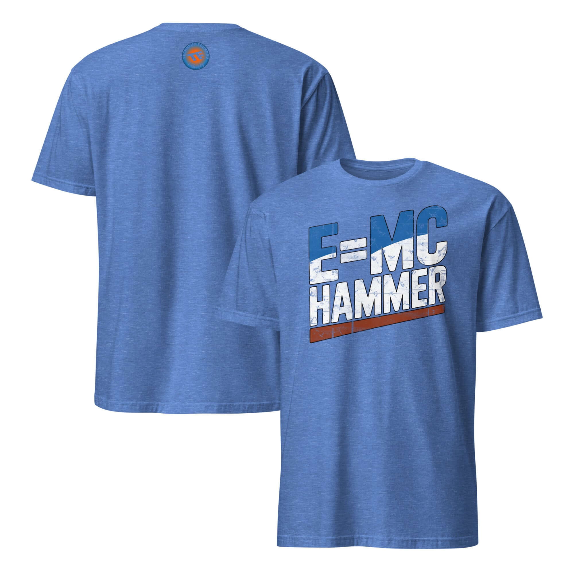 Blue E=MC Hammer T-Shirt featuring physics and hip-hop mashup design with Einstein humor.