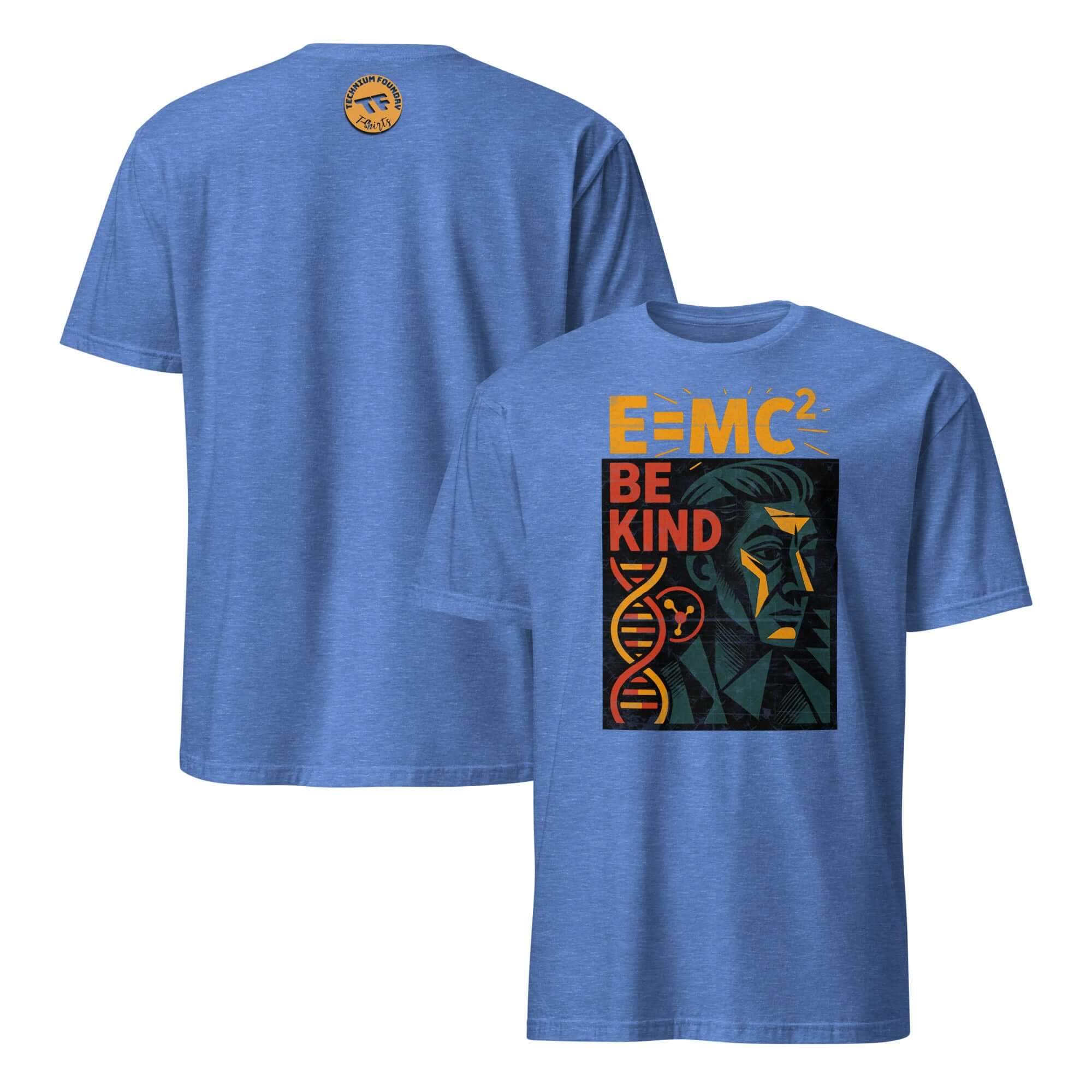 E=MC² Be Kind Einstein T-Shirt with physics and kindness theme, featuring Einstein graphic on blue fabric for scientific empathy.