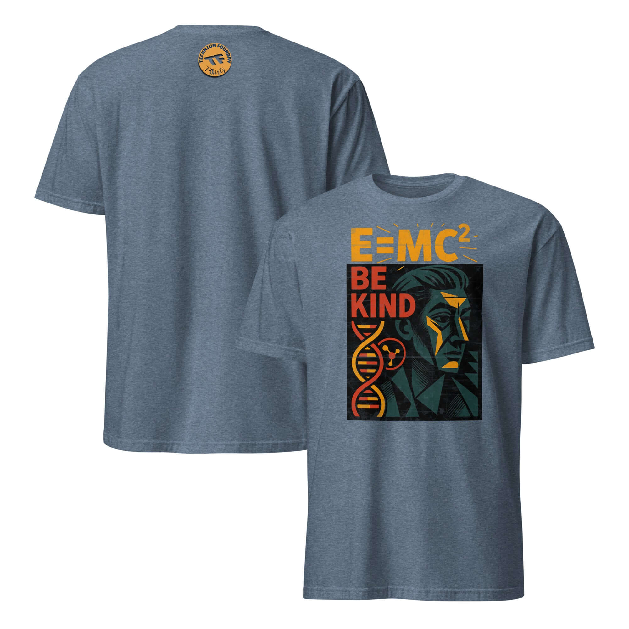 E=MC² Be Kind Einstein T-Shirt featuring science-inspired graphic promoting kindness and empathy in blue color.