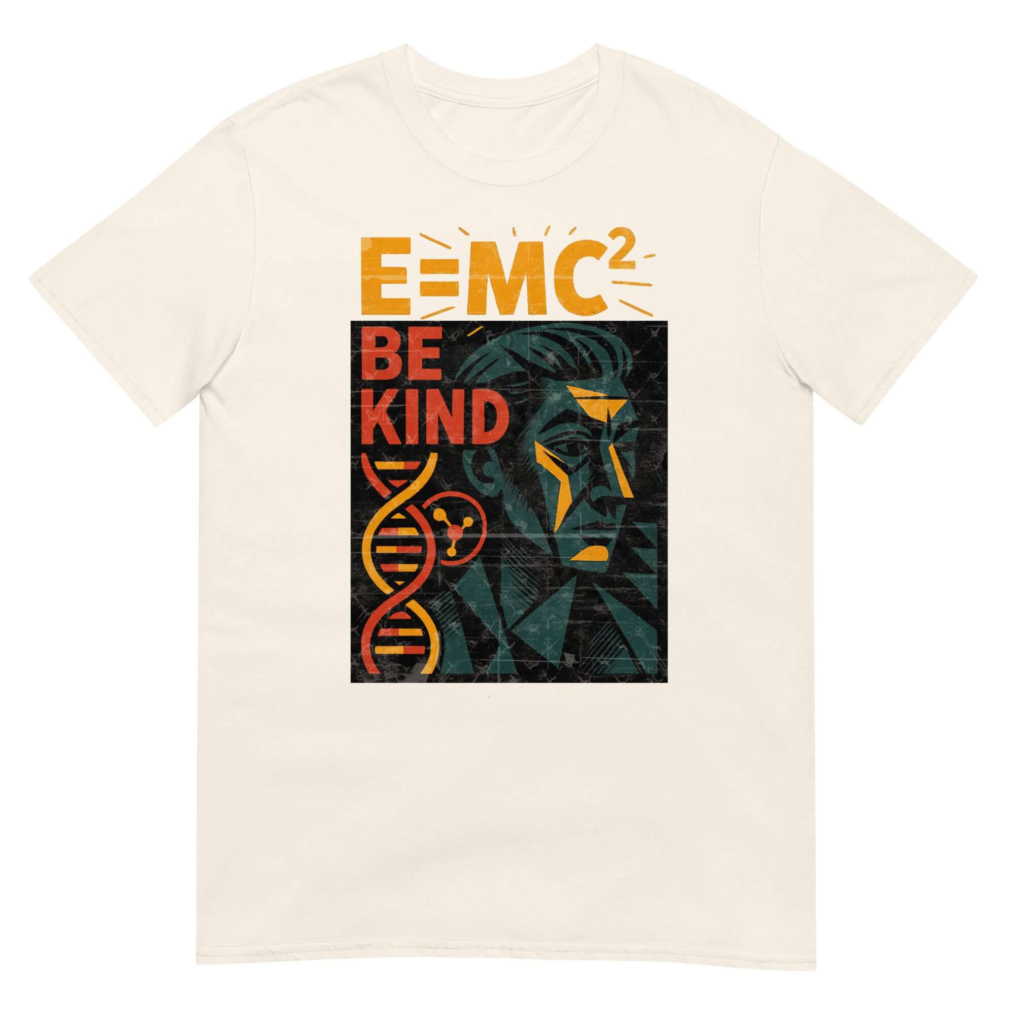 E=MC² Be Kind Einstein T-Shirt featuring physics humor and scientific empathy design with DNA and Einstein silhouette.