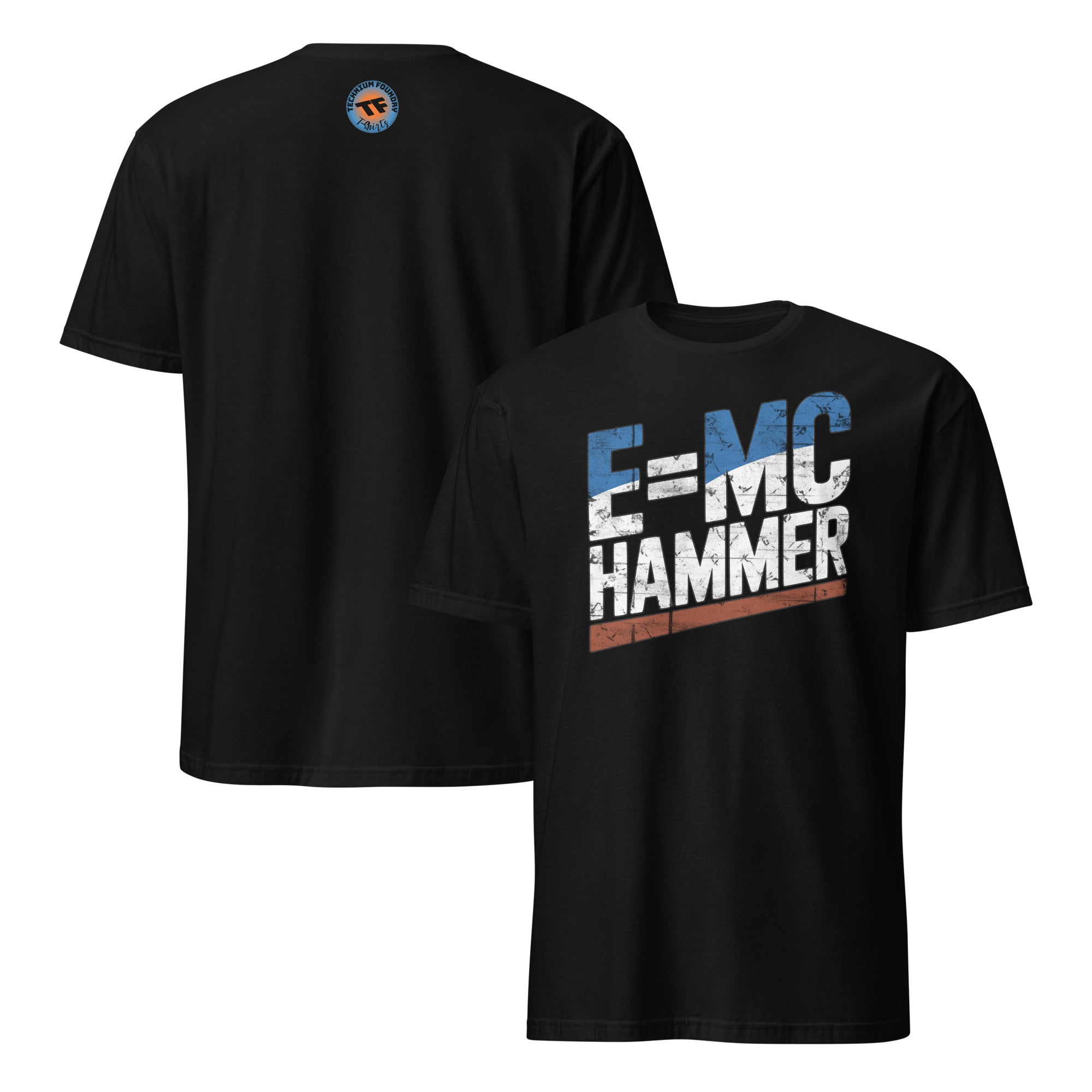 Black "E=MC Hammer" T-shirt blending Einstein's equation with 1990s hip-hop humor, front and back view.