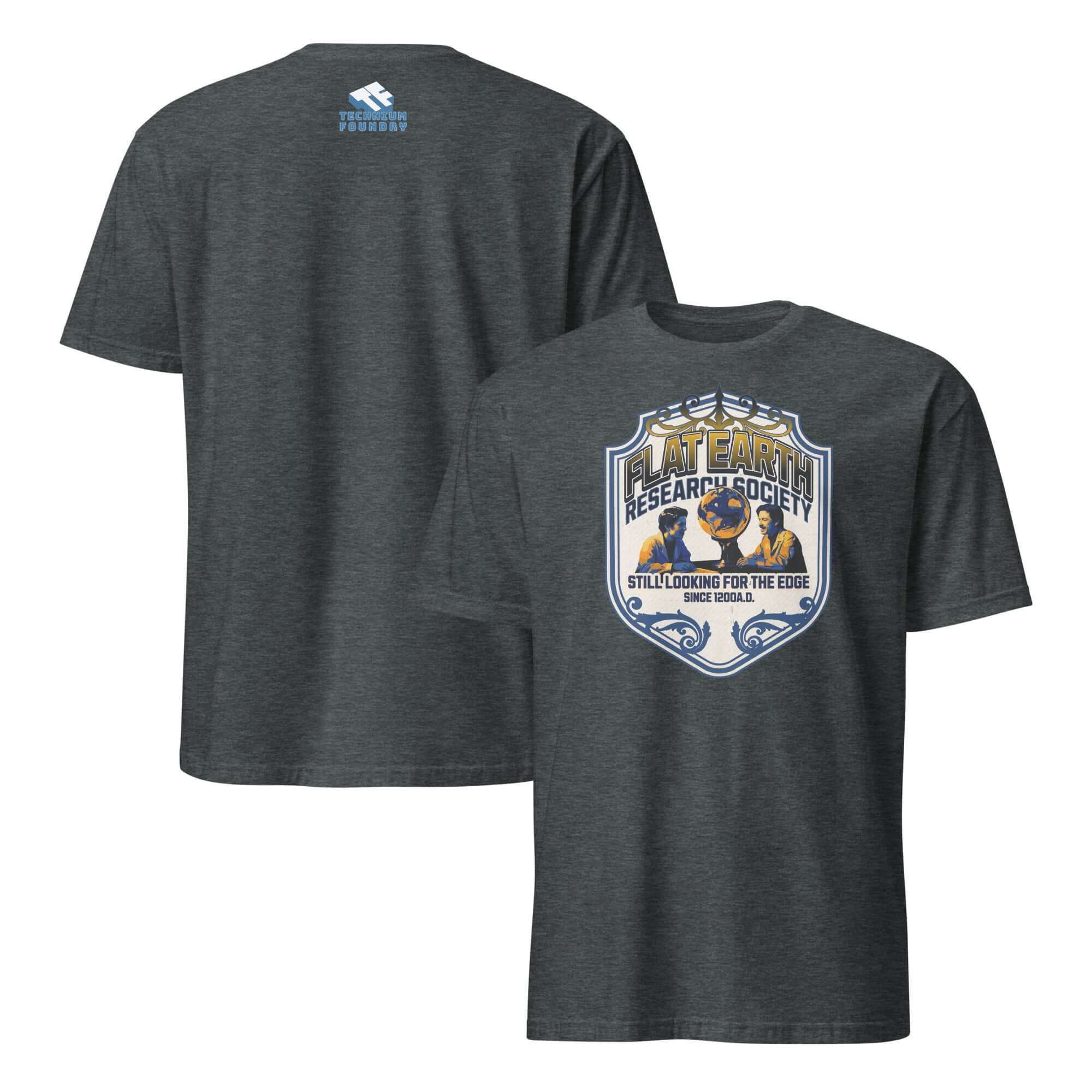 Flat Earth Research Society T-Shirt featuring vintage-inspired globe design in navy blue and antique gold. Perfect for truth seekers.