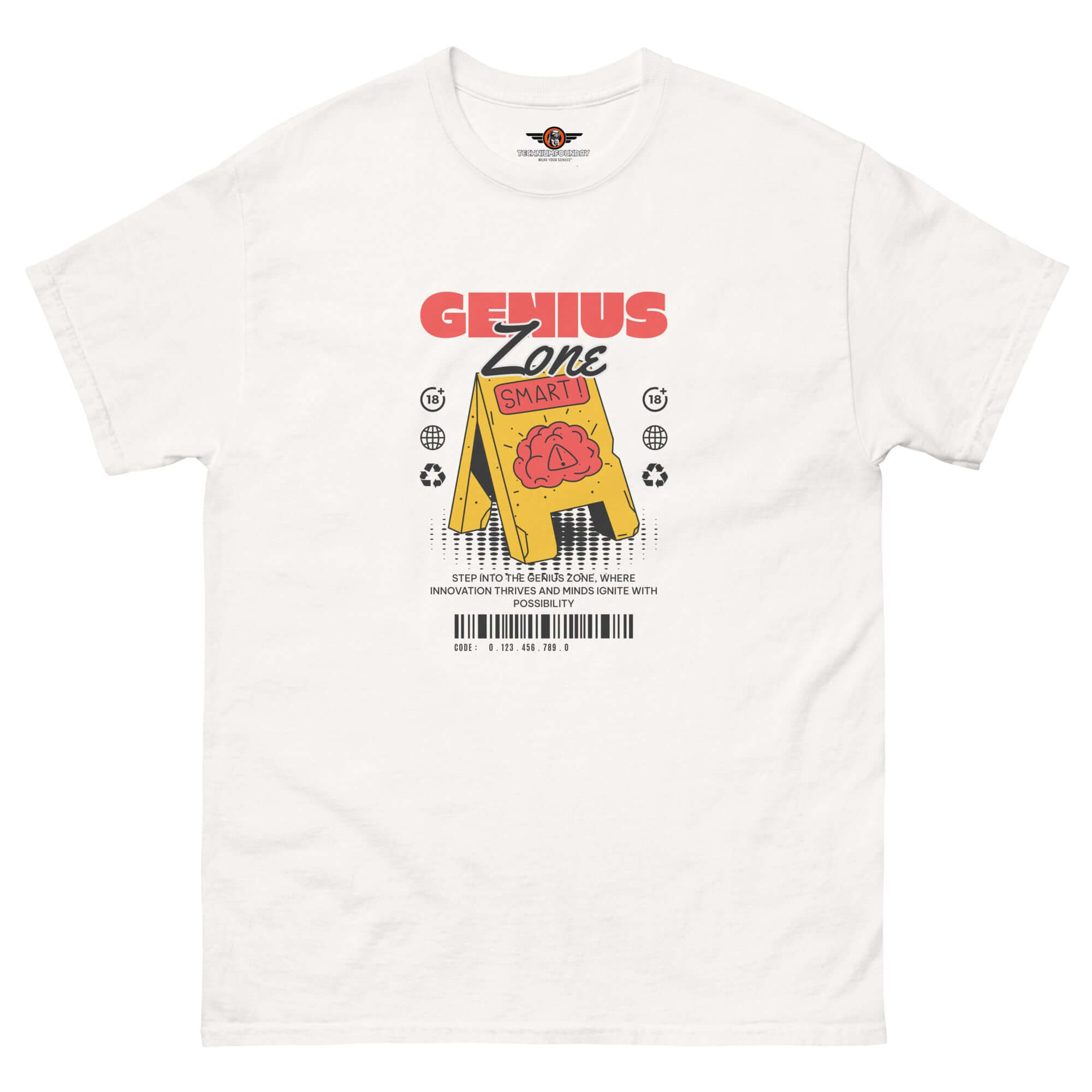 "Genius Zone Caution T-Shirt by Technium Foundry with retro-tech style and brain warning label on premium cotton fabric"